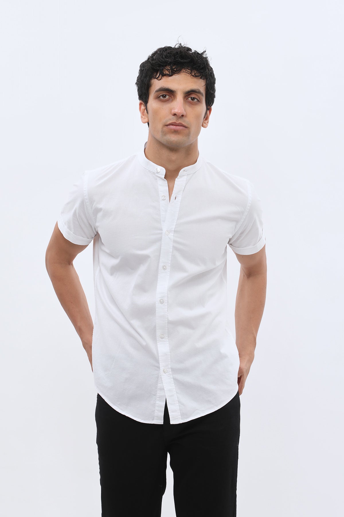SHIRTSPRO Oxford Regular Fit Short Sleeve Shirt - Mao Collar - White