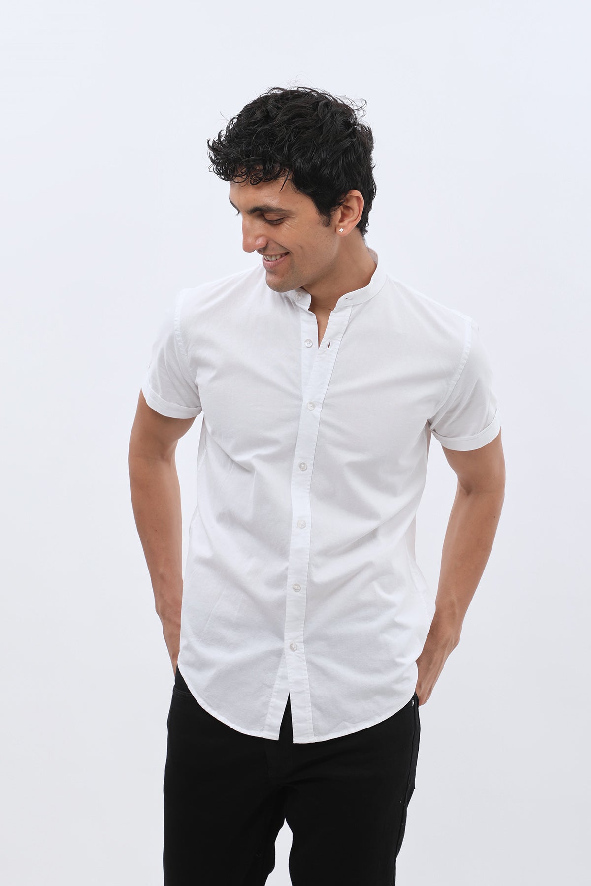 SHIRTSPRO Oxford Regular Fit Short Sleeve Shirt - Mao Collar - White