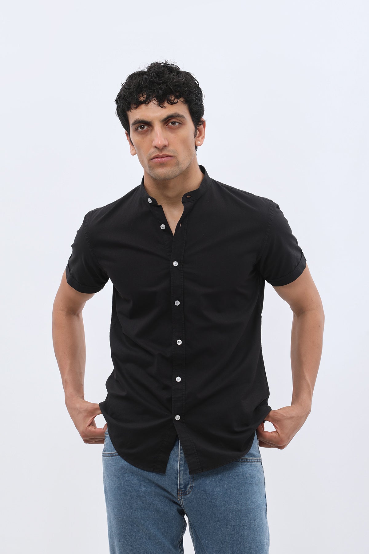 SHIRTSPRO Oxford Regular Fit Short Sleeve Shirt - Mao Collar - Black