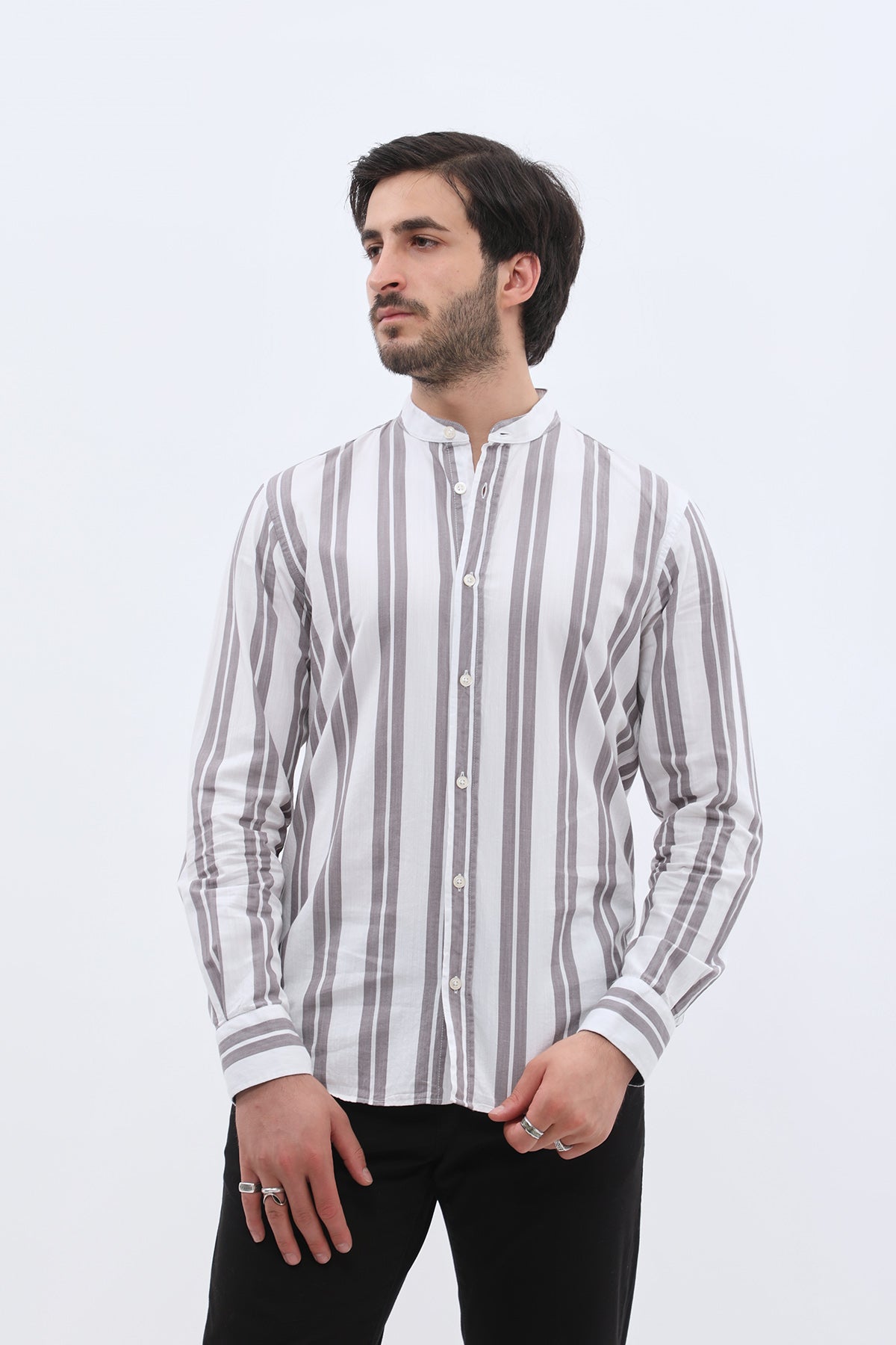 قميص أكسفورد مخطط بقبة ماندارين من SHIRTSPRO - لون رمادي