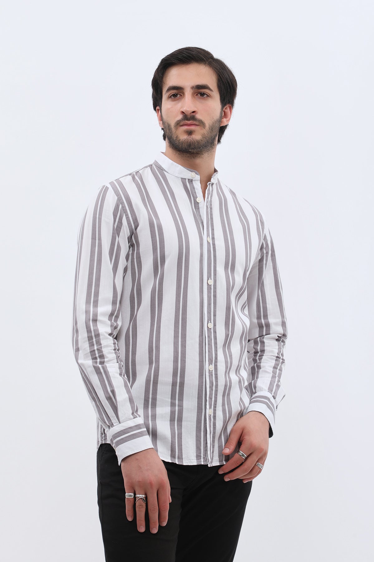 قميص أكسفورد مخطط بقبة ماندارين من SHIRTSPRO - لون رمادي