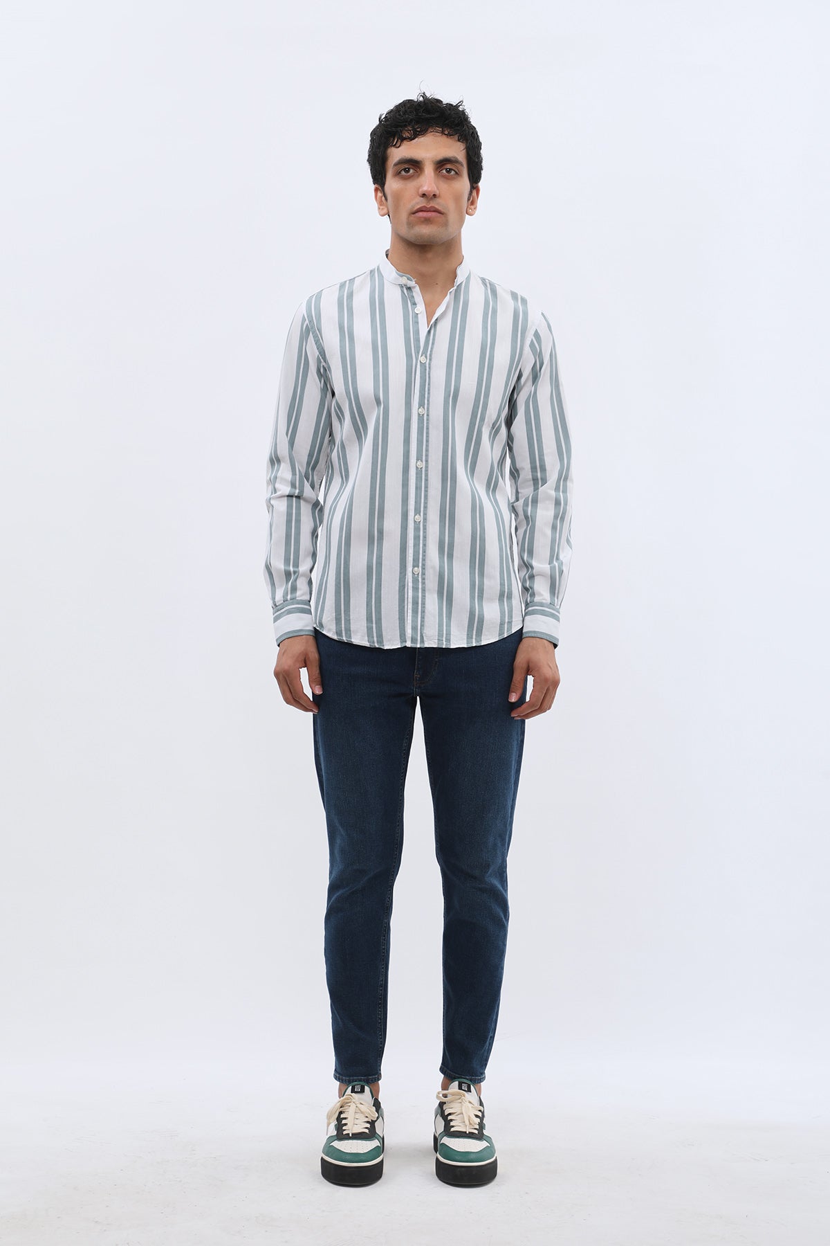 SHIRTSPRO Striped Oxford Regular Fit Shirt - Mao Collar - Petrol