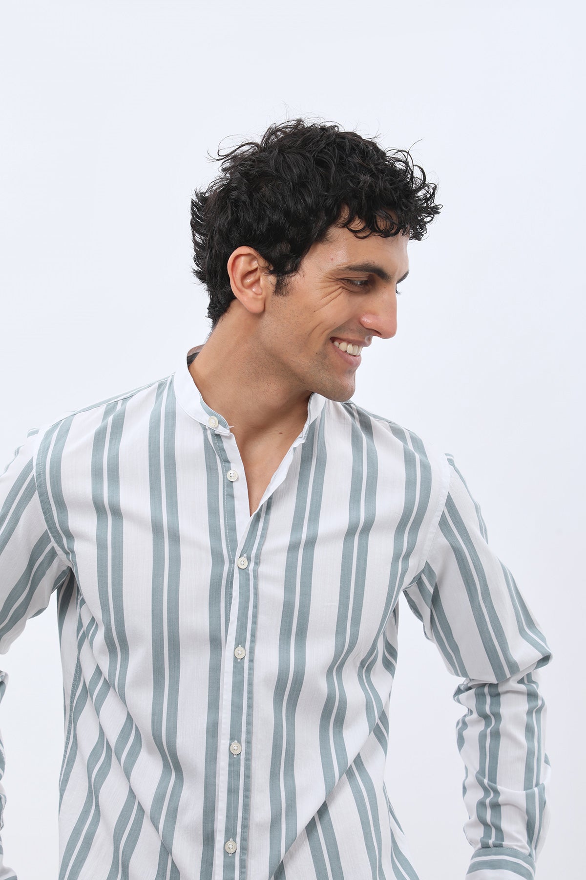 SHIRTSPRO Striped Oxford Regular Fit Shirt - Mao Collar - Petrol