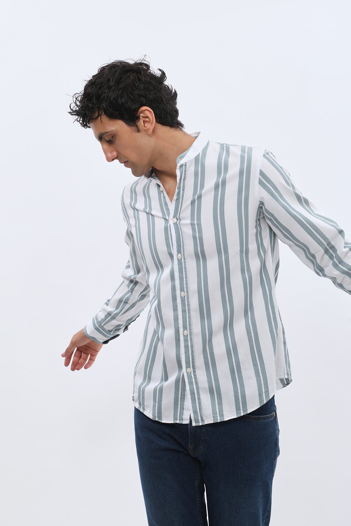 SHIRTSPRO Striped Oxford Regular Fit Shirt - Mao Collar - Petrol