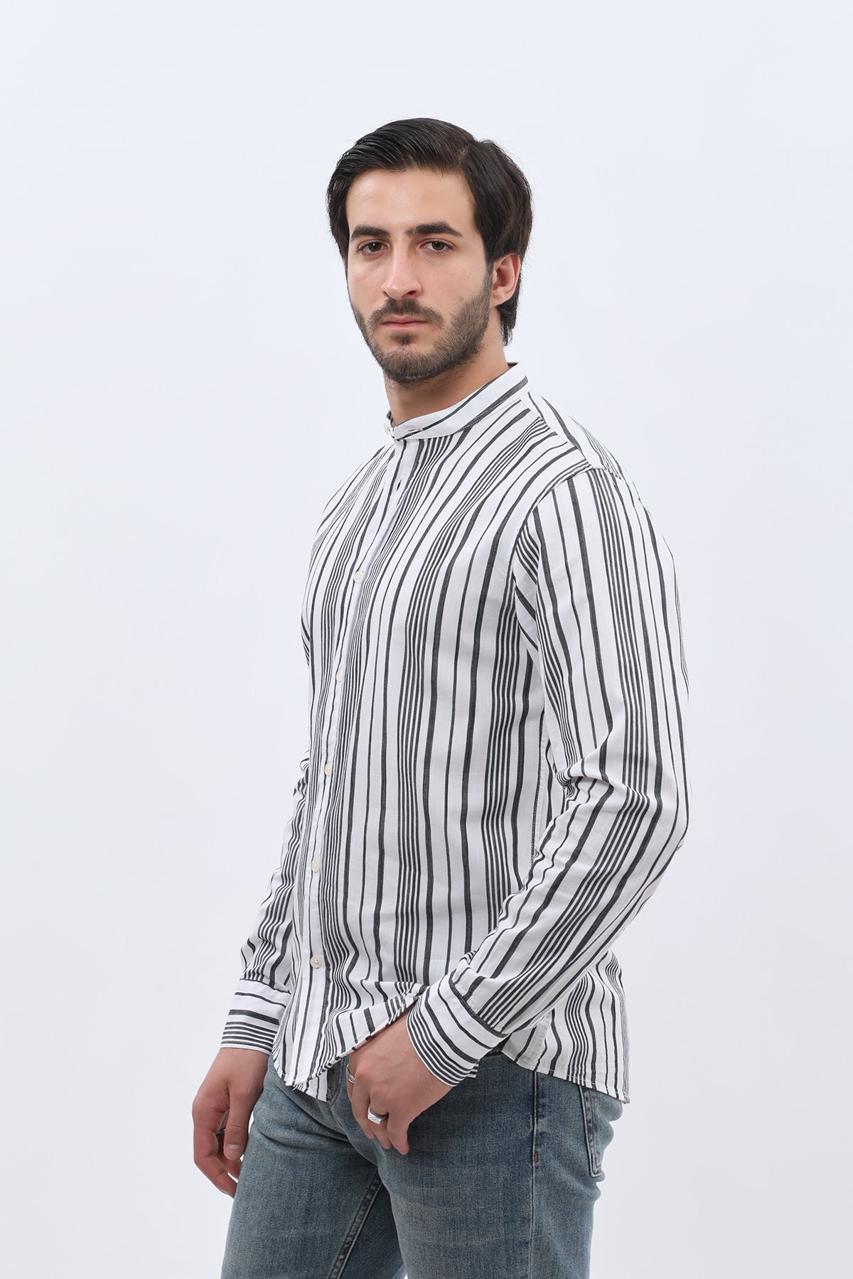 SHIRTSPRO Striped Oxford Regular Fit Shirt - Mao Collar - Black