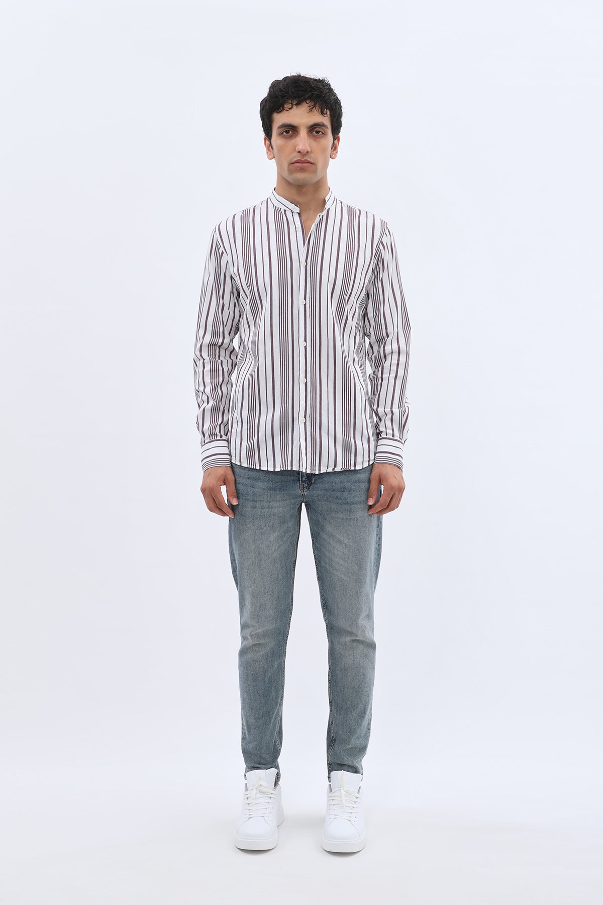 قميص أكسفورد مخطط بقبة ماندارين من SHIRTSPRO - لون أرجواني