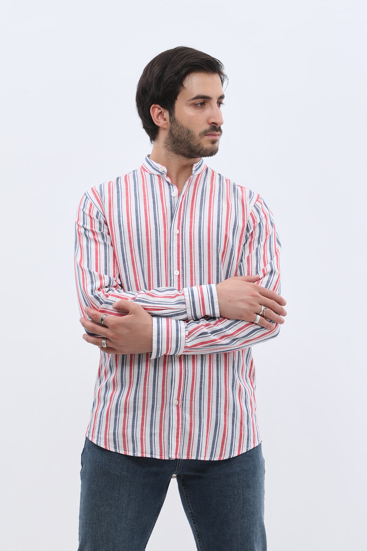 قميص مخطط بقبة ماندارين من SHIRTSPRO - لون أحمر 