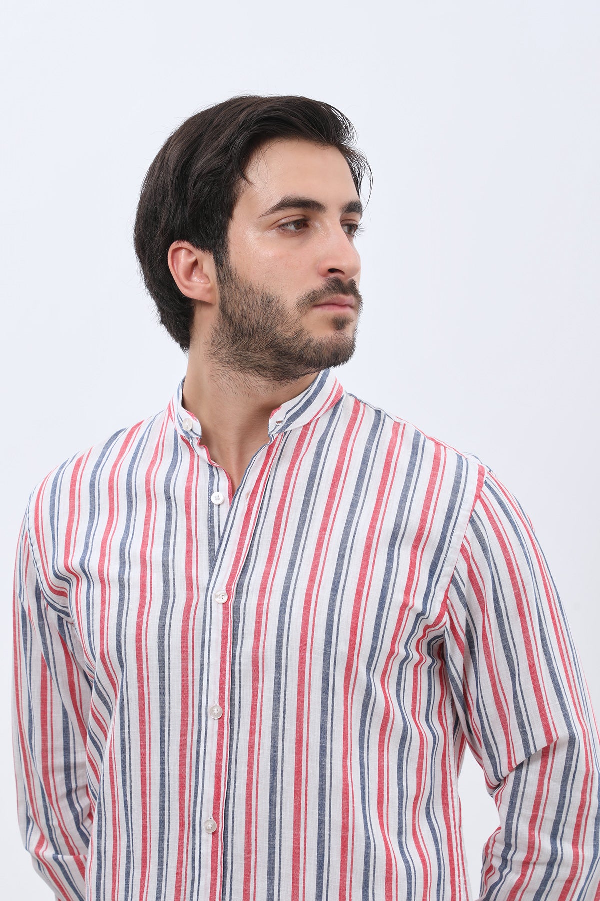 قميص مخطط بقبة ماندارين من SHIRTSPRO - لون أحمر 