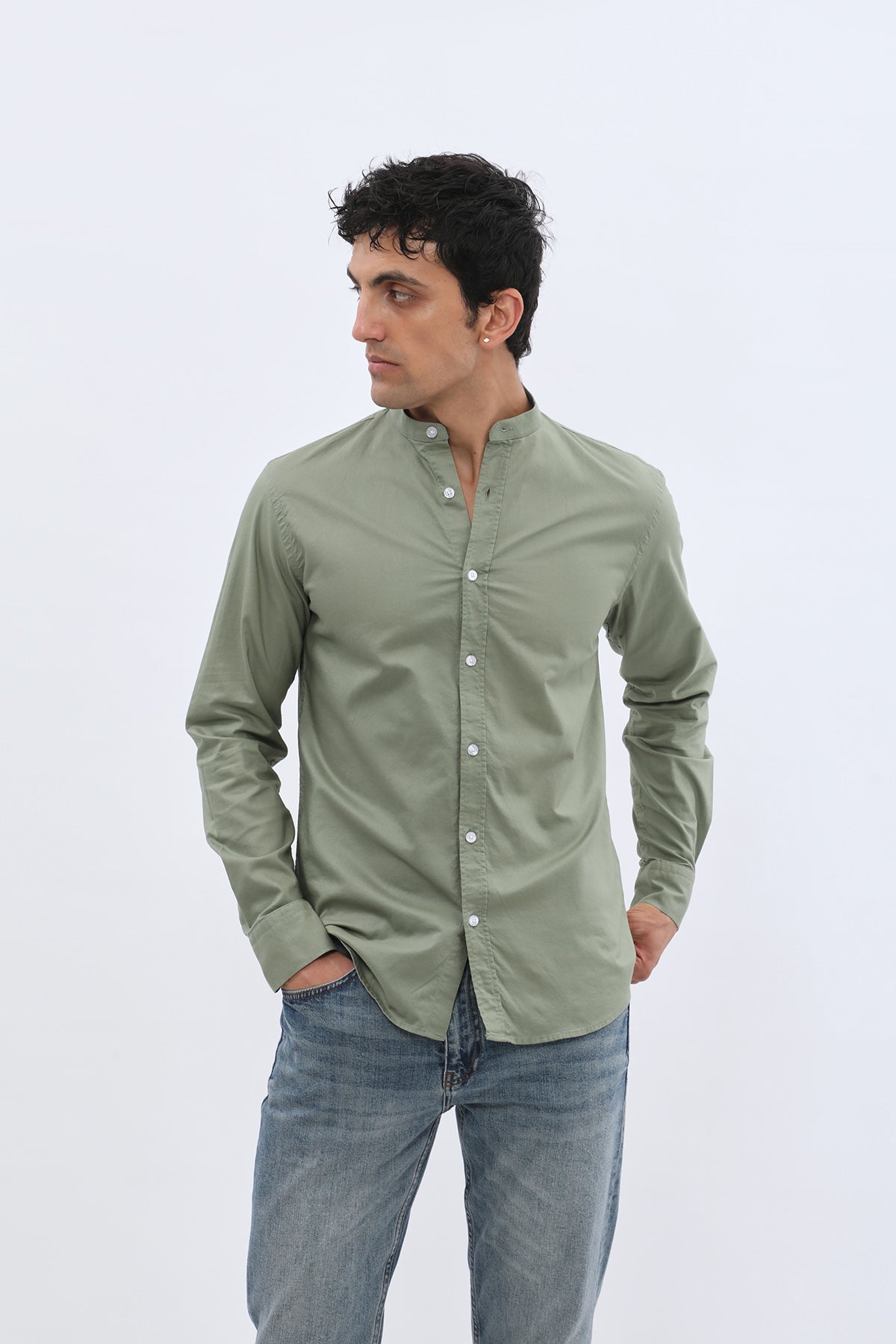 SHIRTSPRO Oxford Regular Fit Shirt - Mao Collar - Oil Green