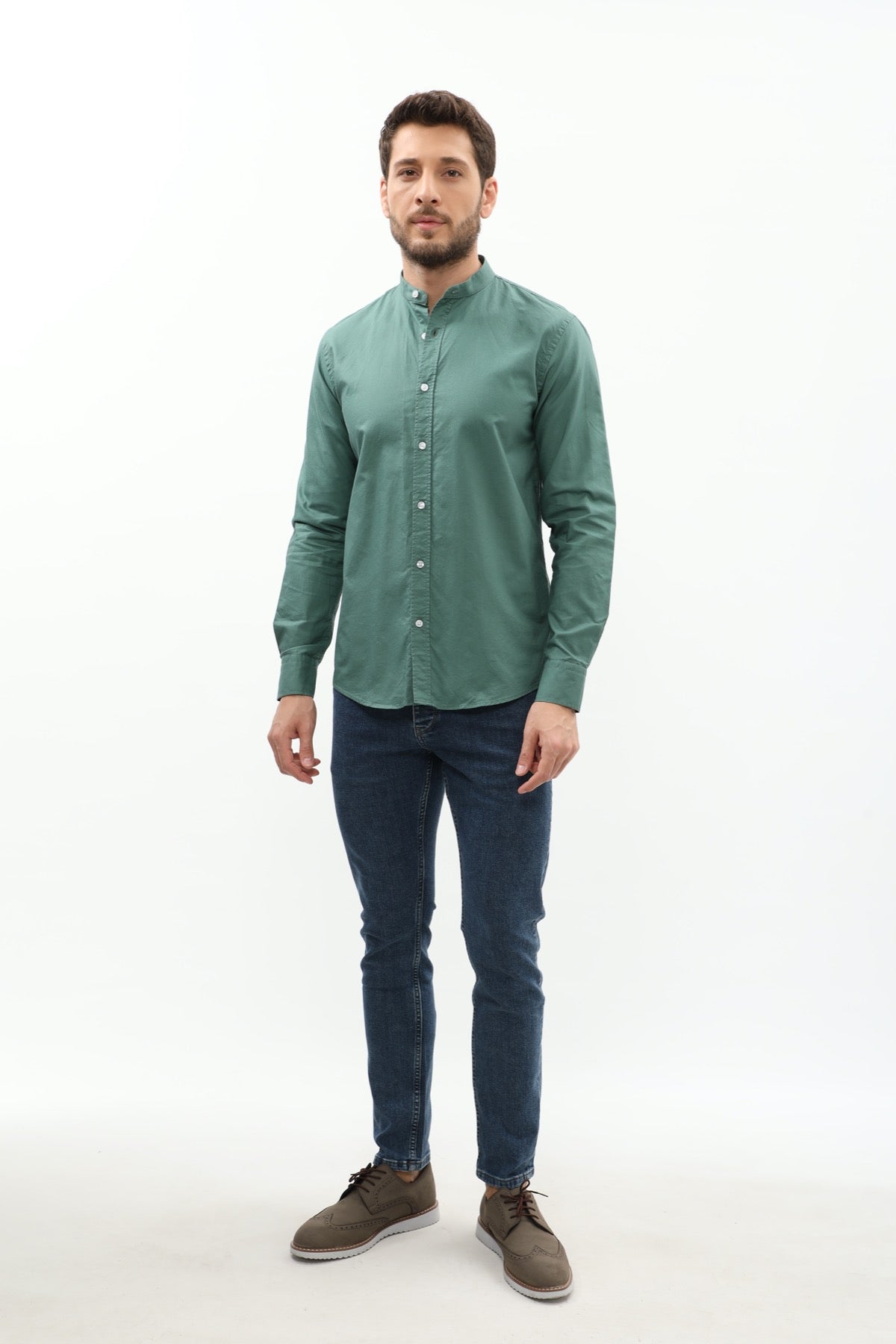 قميص أكسفورد بقبة ماندارين من SHIRTSPRO - لون أخضر رمادي
