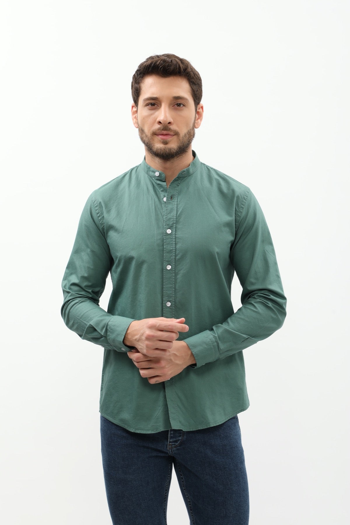قميص أكسفورد بقبة ماندارين من SHIRTSPRO - لون أخضر رمادي