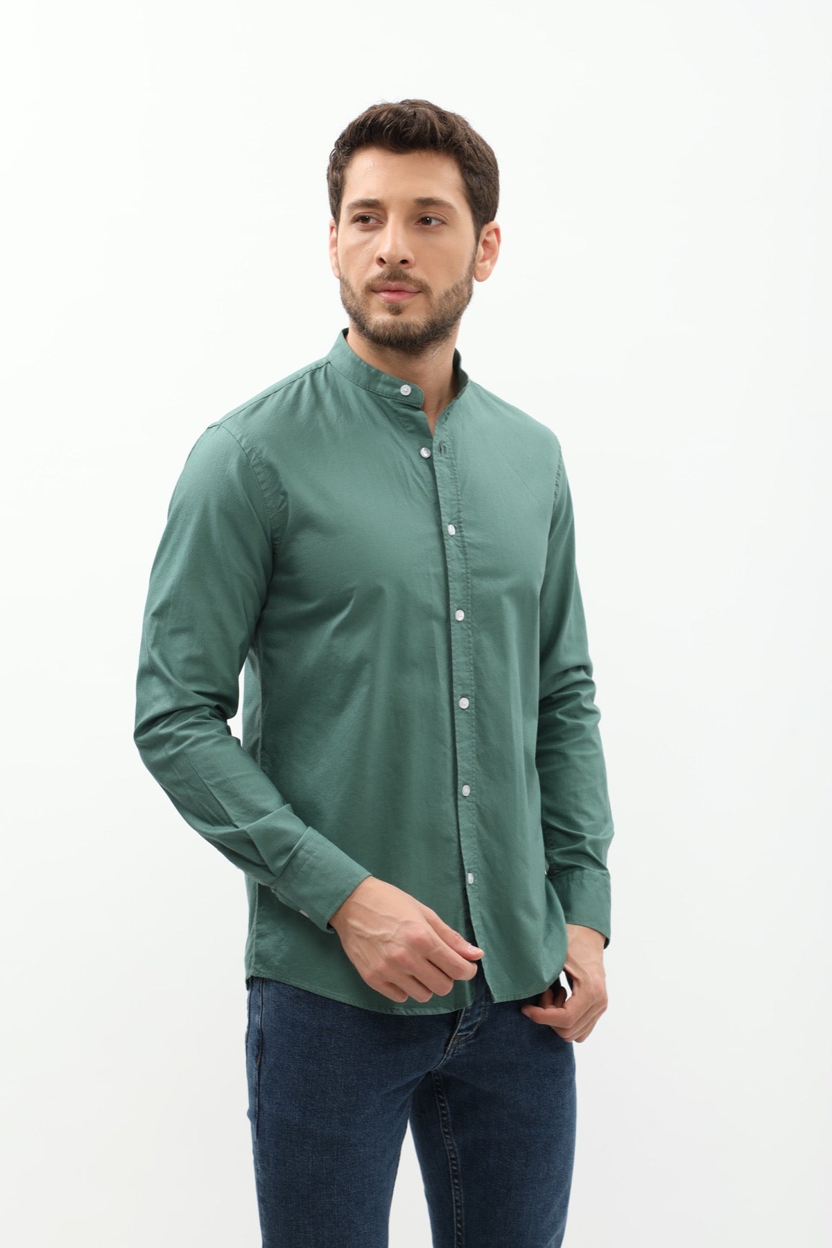 SHIRTSPRO Oxford Regular Fit Shirt - Mao Collar - Smoke Pine