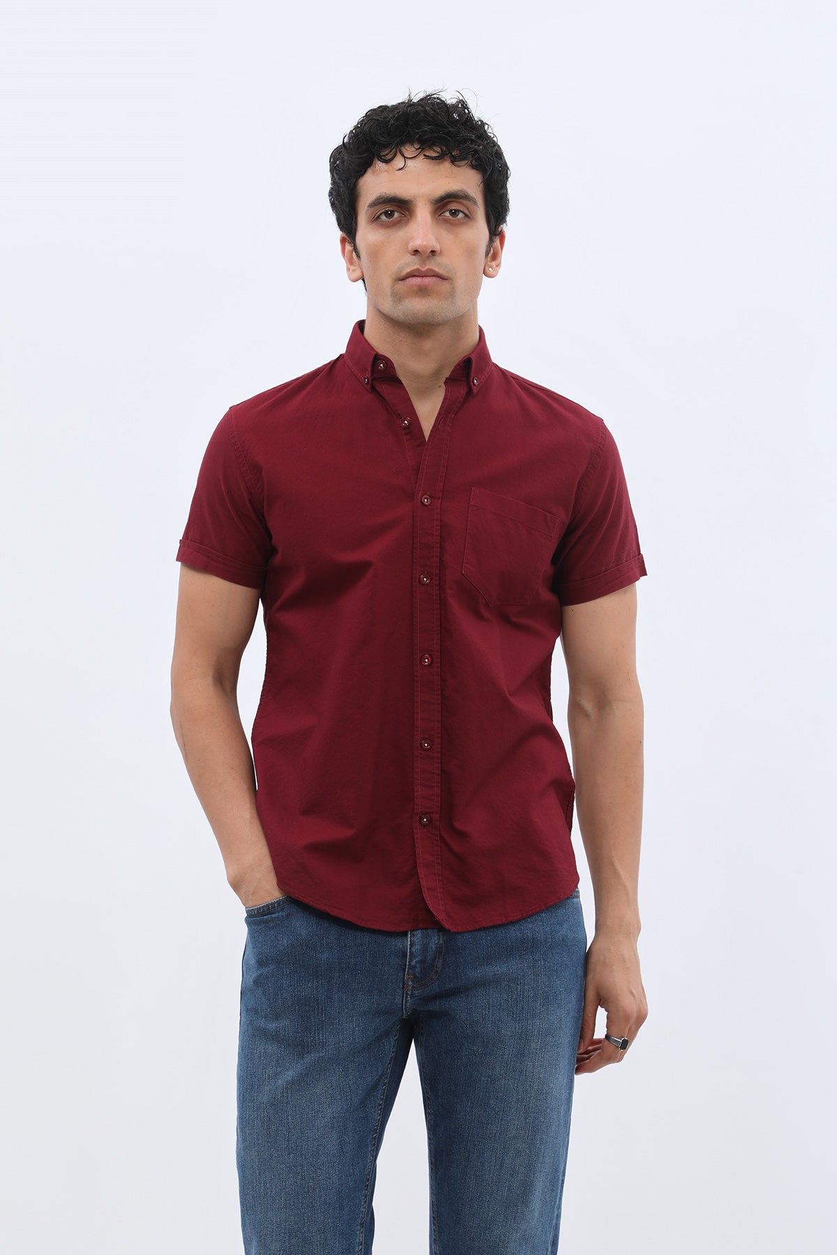 SHIRTSPRO Oxford Regular Fit Short Sleeve Shirt - Button-Down Collar - Claret Red
