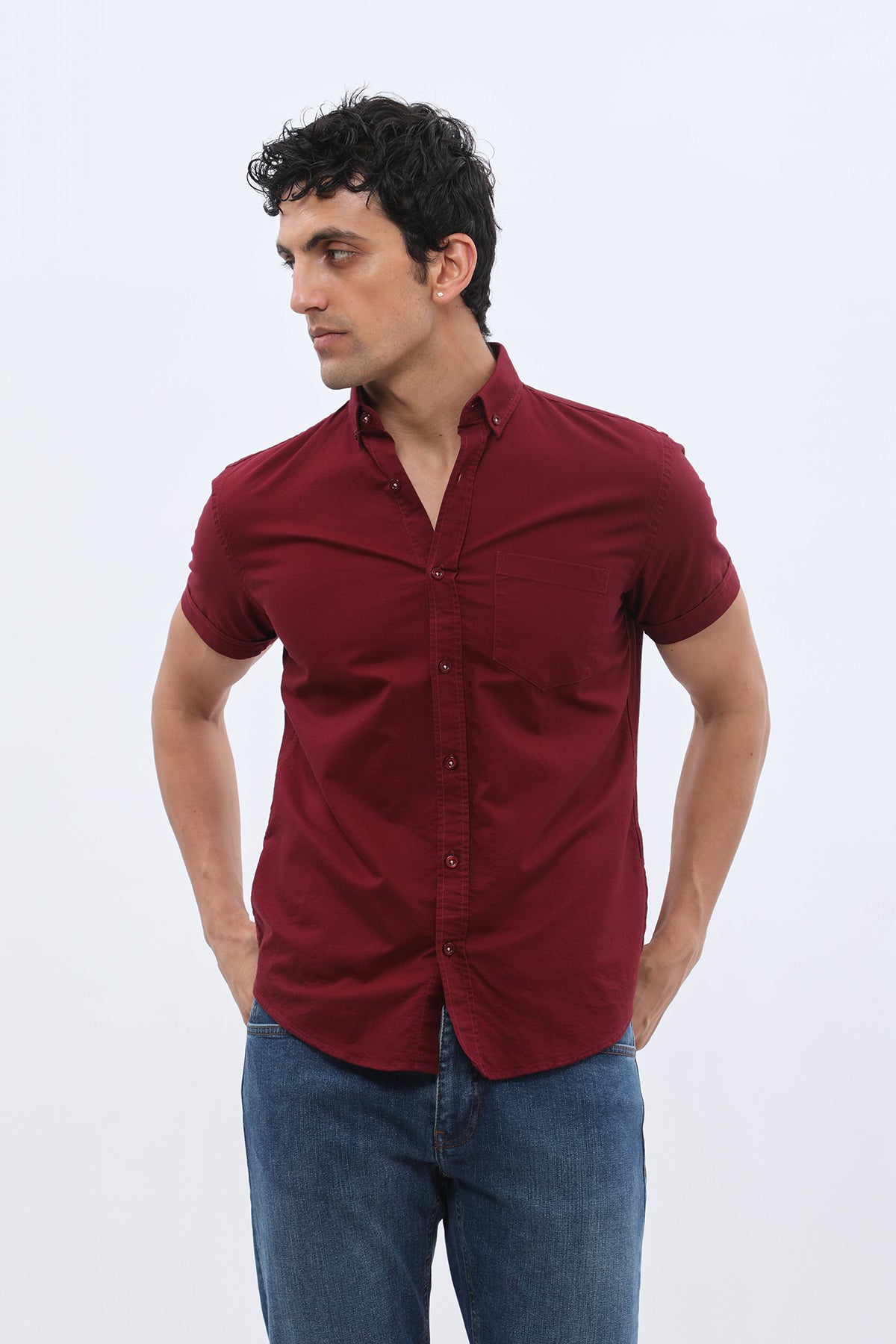 SHIRTSPRO Oxford Regular Fit Short Sleeve Shirt - Button-Down Collar - Claret Red