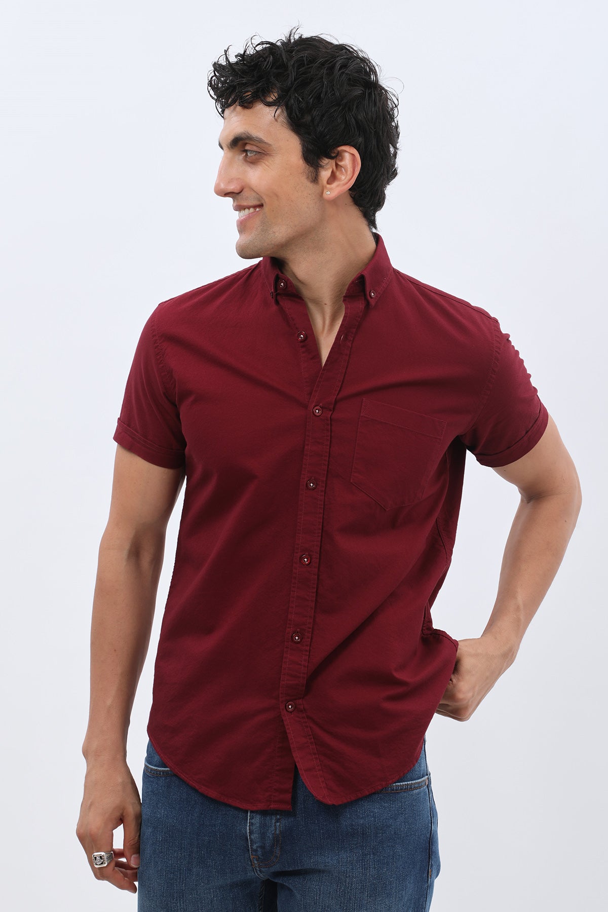 SHIRTSPRO Oxford Regular Fit Short Sleeve Shirt - Button-Down Collar - Claret Red