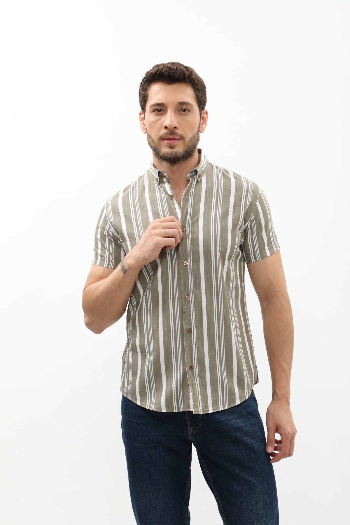 SHIRTSPRO Striped Regular Fit Short Sleeve Shirt - Button-Down Collar - Army Green