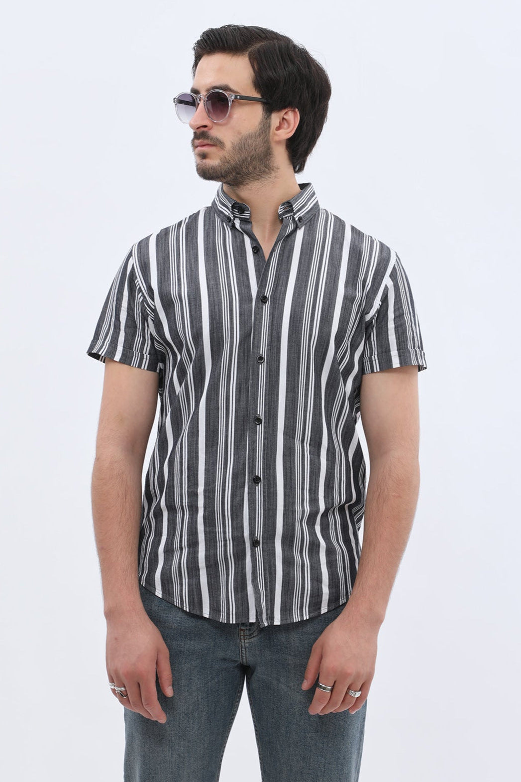 SHIRTSPRO Striped Regular Fit Short Sleeve Shirt - Button-Down Collar - Black