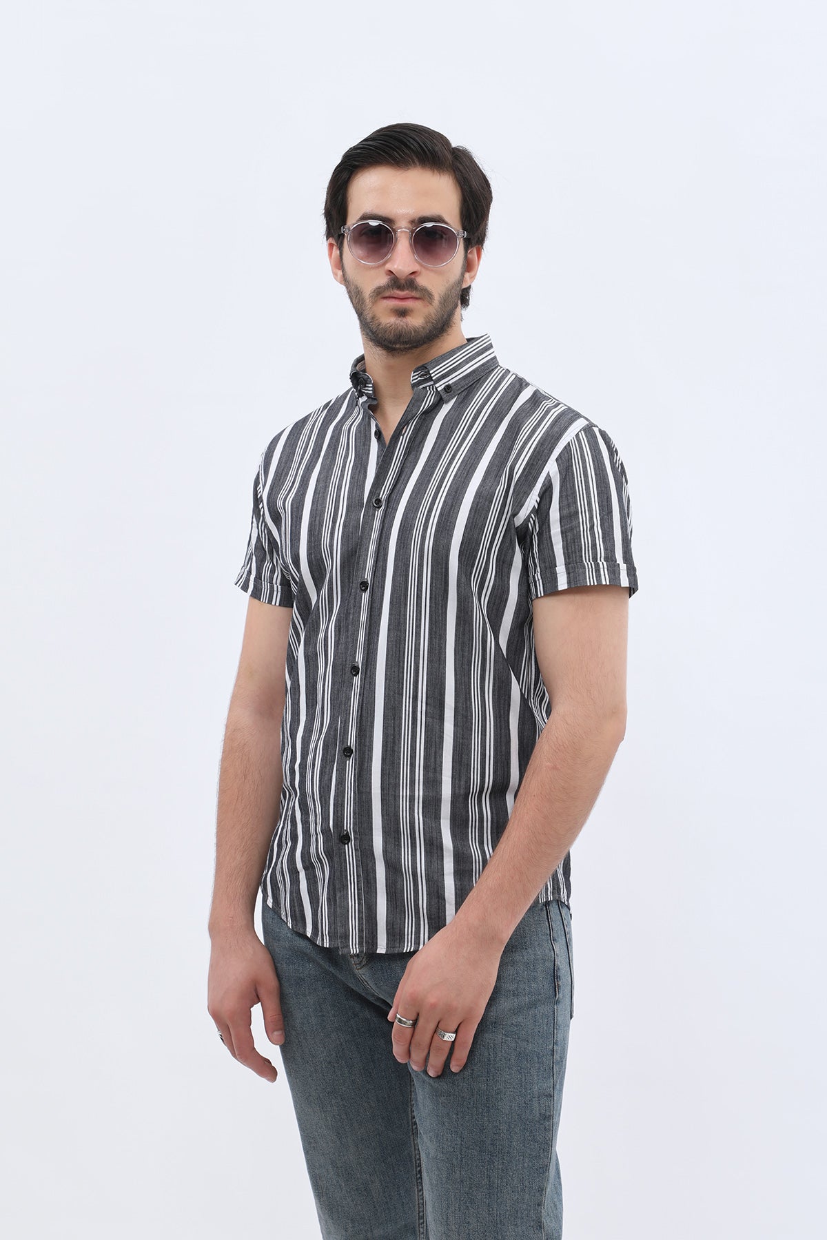 SHIRTSPRO Striped Regular Fit Short Sleeve Shirt - Button-Down Collar - Black