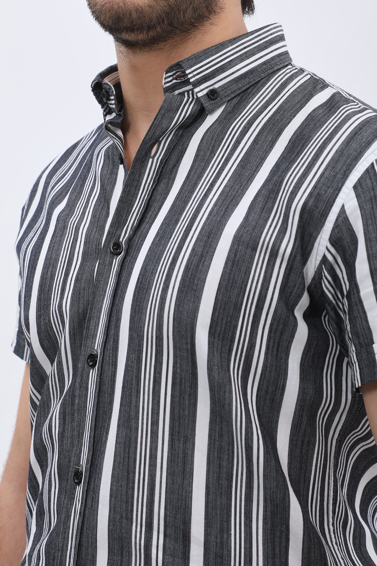 SHIRTSPRO Striped Regular Fit Short Sleeve Shirt - Button-Down Collar - Black