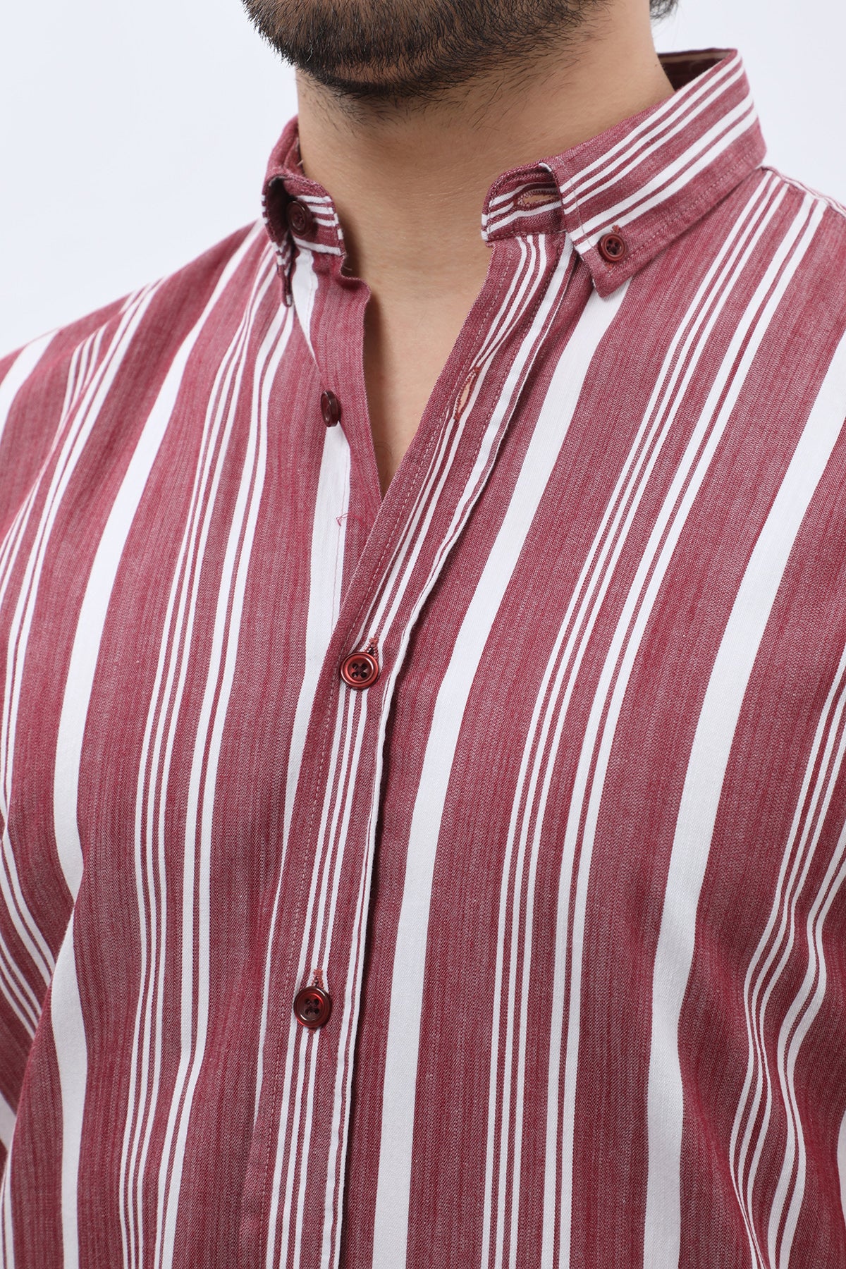 SHIRTSPRO Striped Regular Fit Short Sleeve Shirt - Button-Down Collar - Claret Red