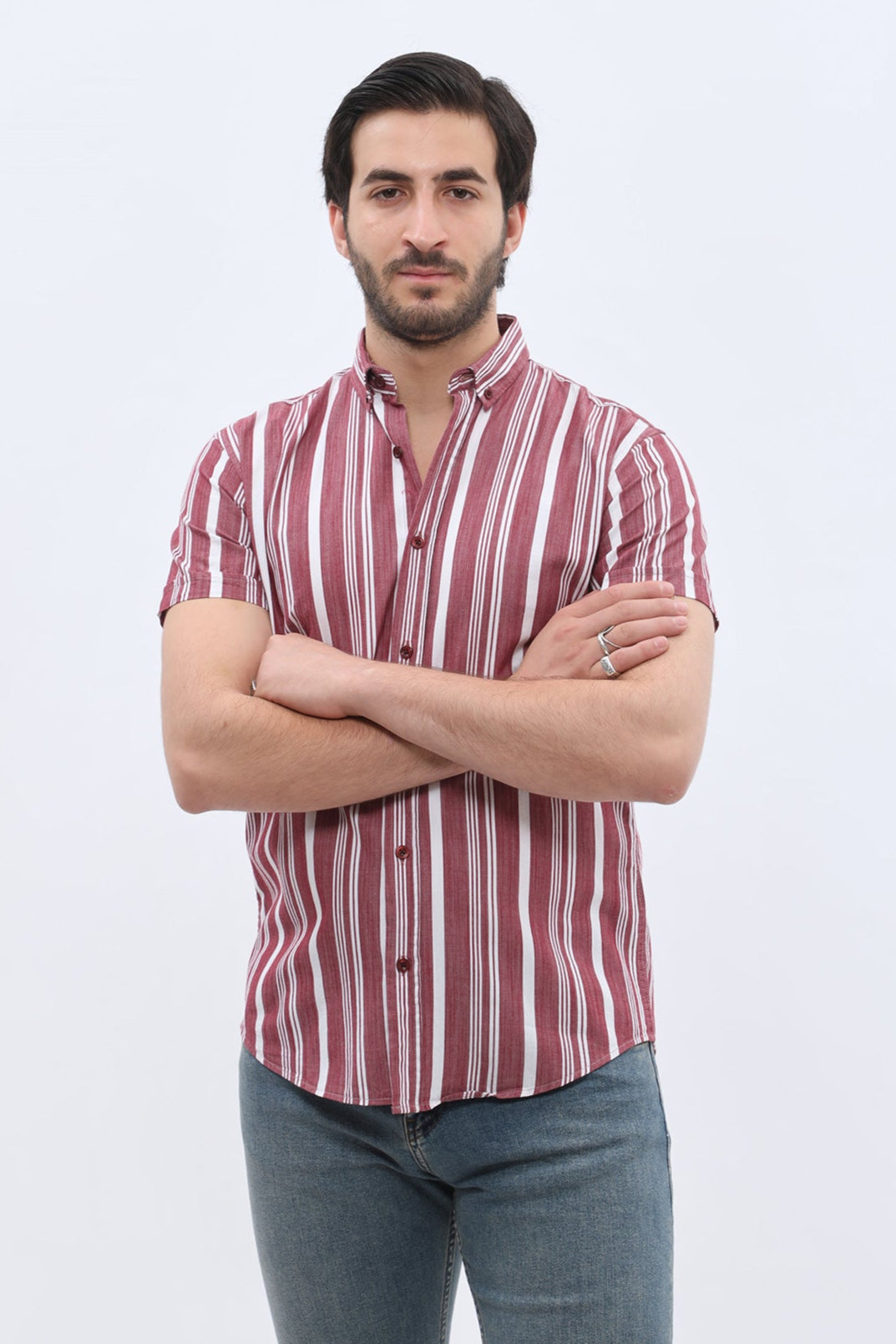 SHIRTSPRO Striped Regular Fit Short Sleeve Shirt - Button-Down Collar - Claret Red