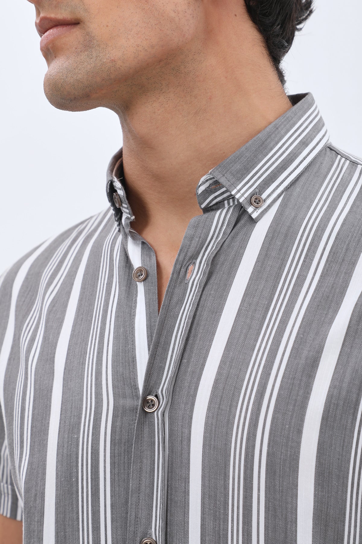SHIRTSPRO Striped Regular Fit Short Sleeve Shirt - Button-Down Collar - Grey