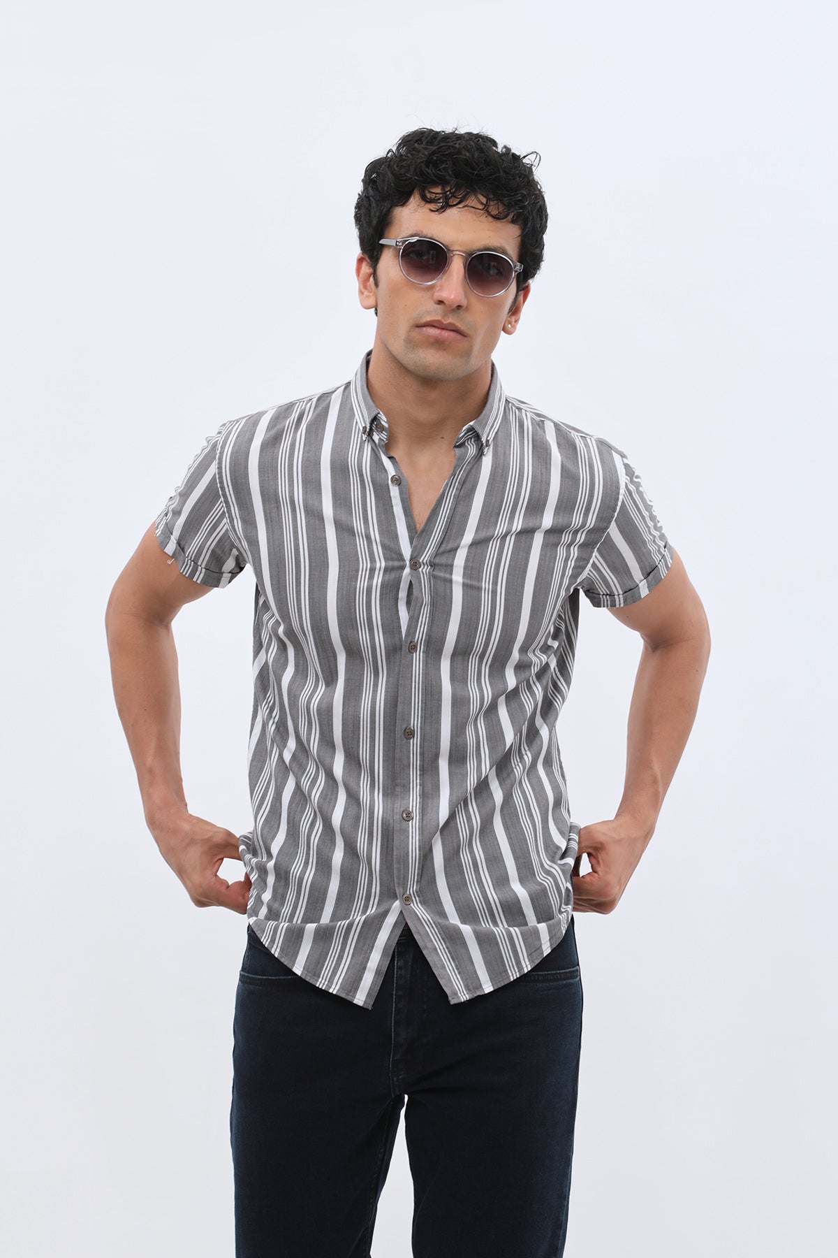SHIRTSPRO Striped Regular Fit Short Sleeve Shirt - Button-Down Collar - Grey