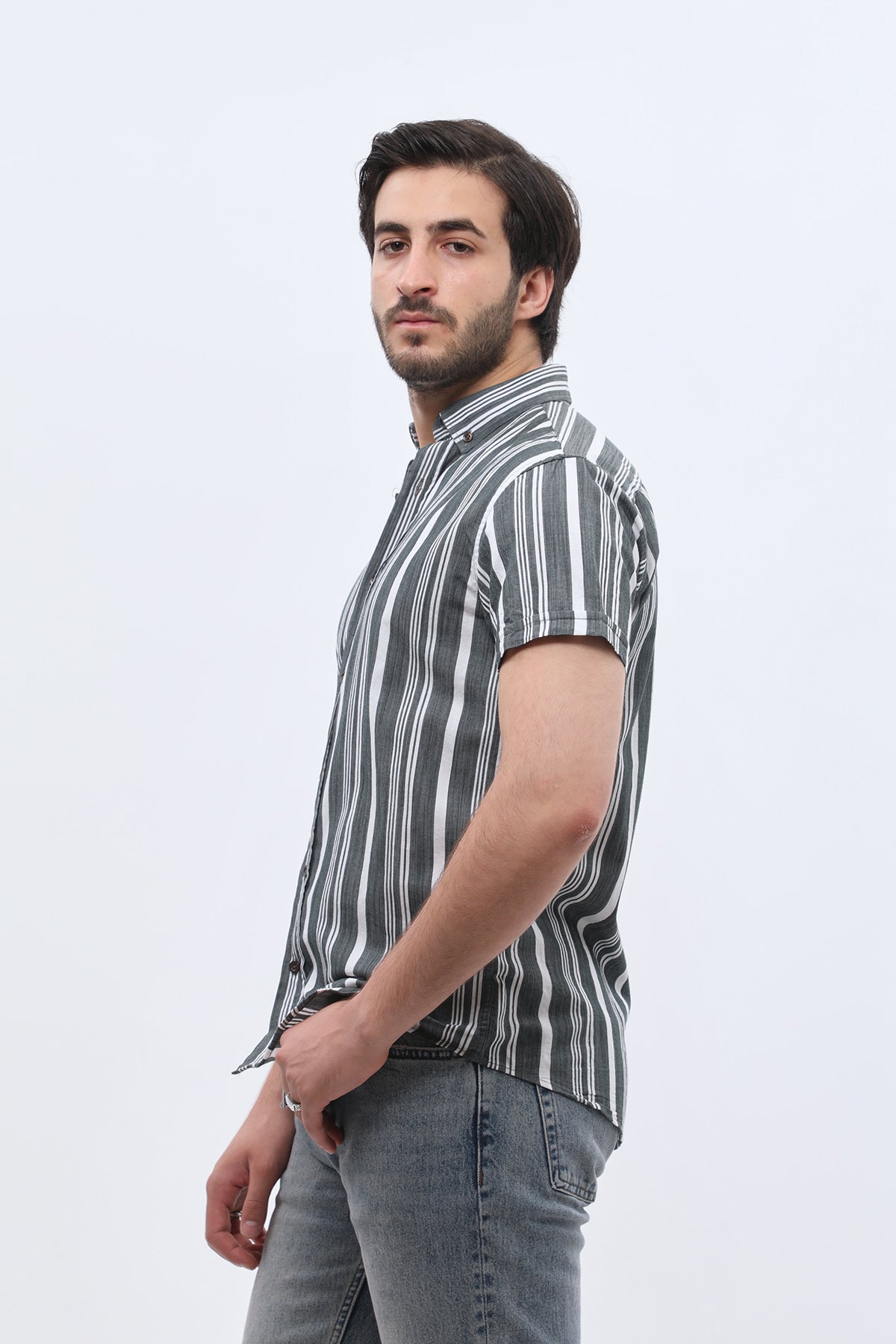 SHIRTSPRO Striped Regular Fit Short Sleeve Shirt - Button-Down Collar - Pine Grove