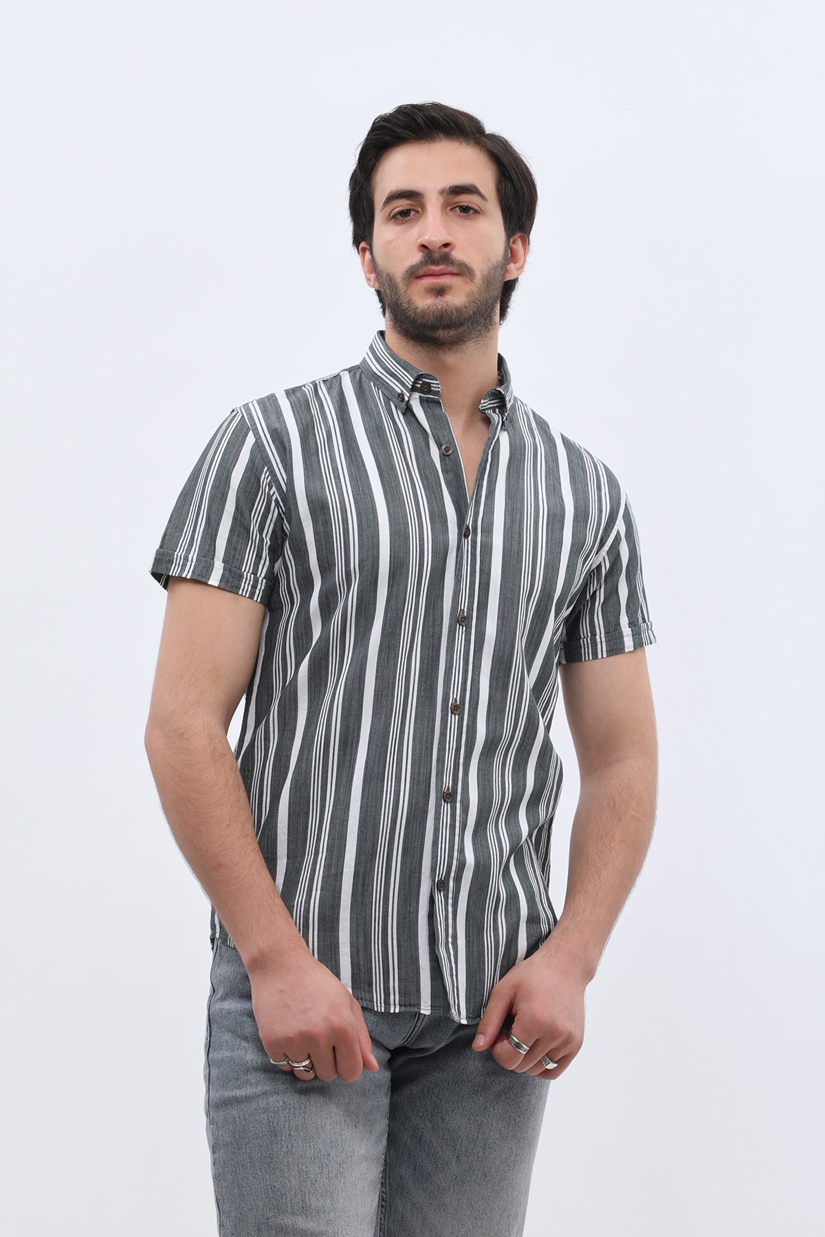 SHIRTSPRO Striped Regular Fit Short Sleeve Shirt - Button-Down Collar - Pine Grove
