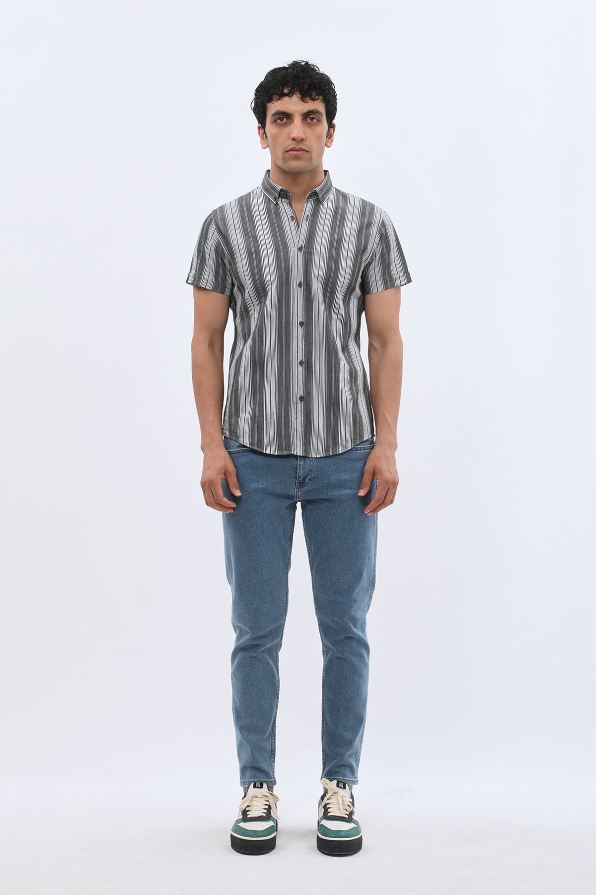 SHIRTSPRO Striped Regular Fit Short Sleeve Shirt - Button-Down Collar - Green