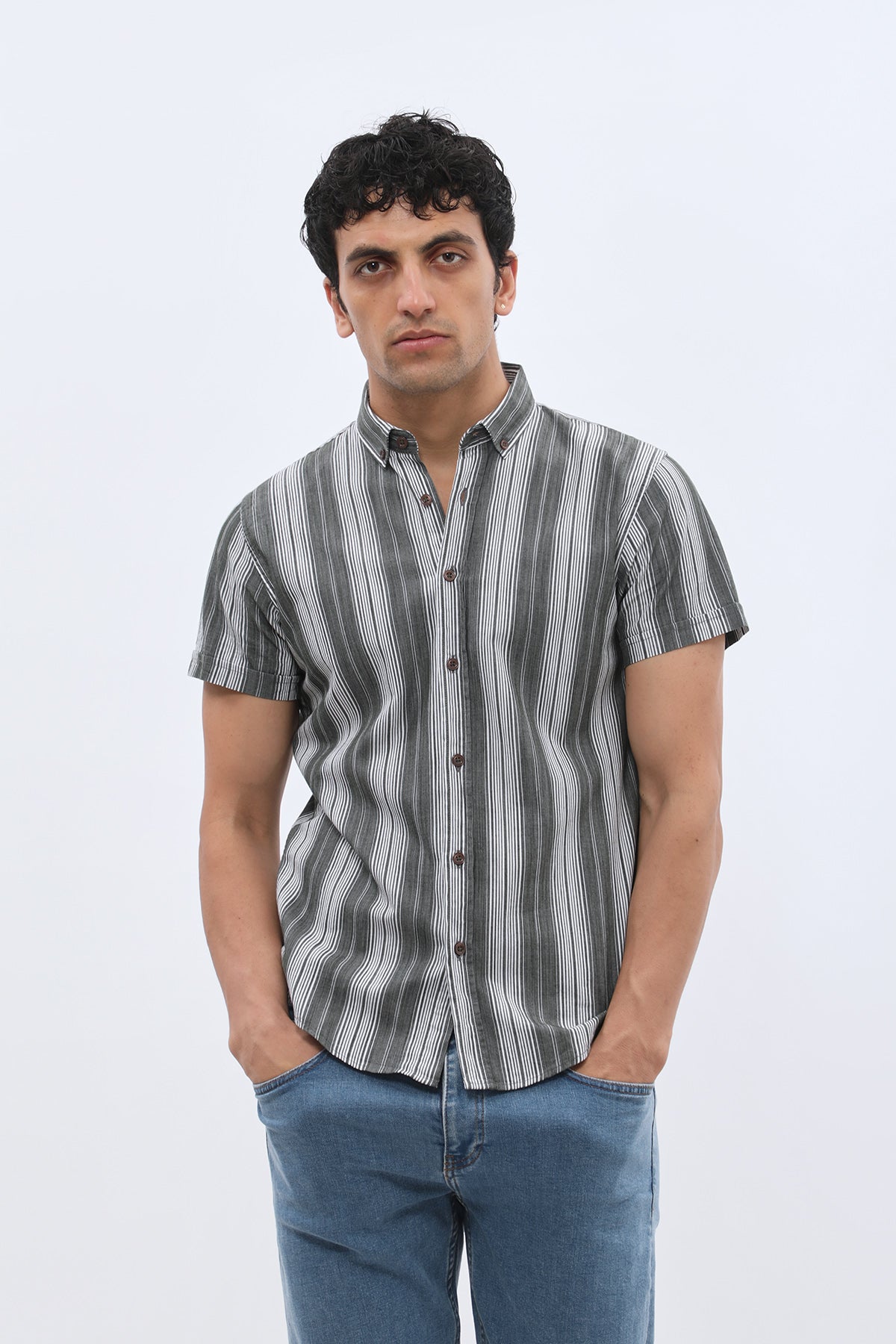SHIRTSPRO Striped Regular Fit Short Sleeve Shirt - Button-Down Collar - Green