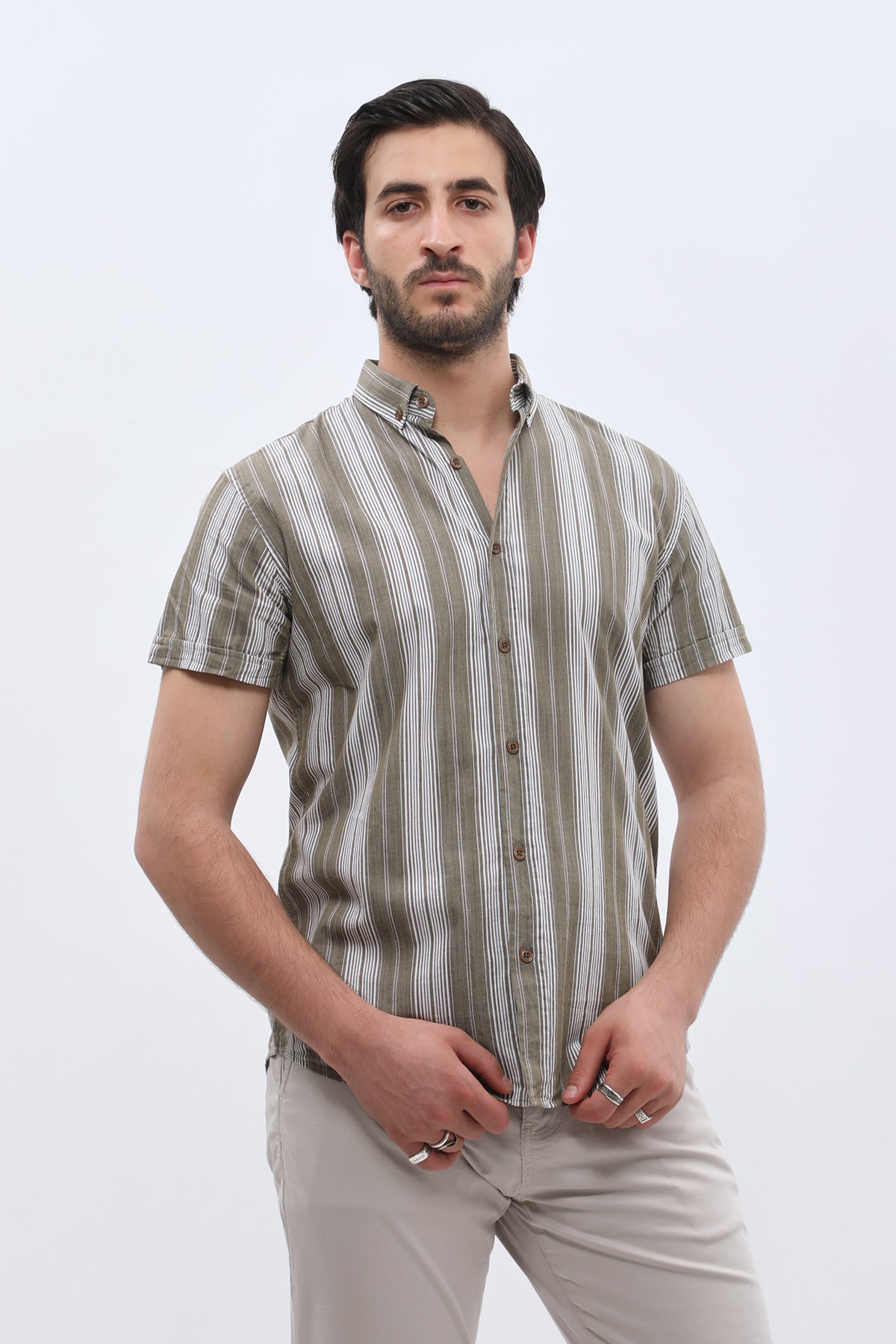 SHIRTSPRO Striped Regular Fit Short Sleeve Shirt - Button-Down Collar - Khaki