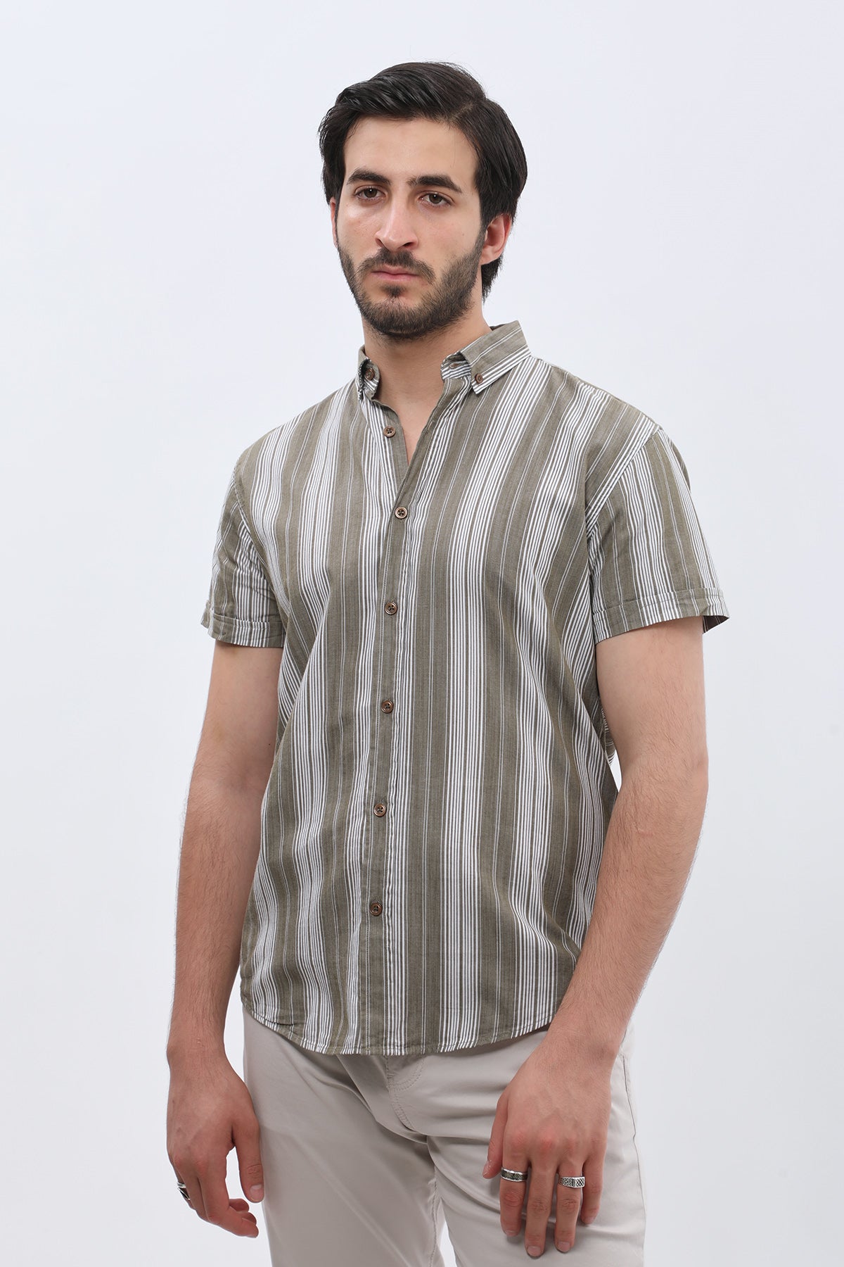 SHIRTSPRO Striped Regular Fit Short Sleeve Shirt - Button-Down Collar - Khaki