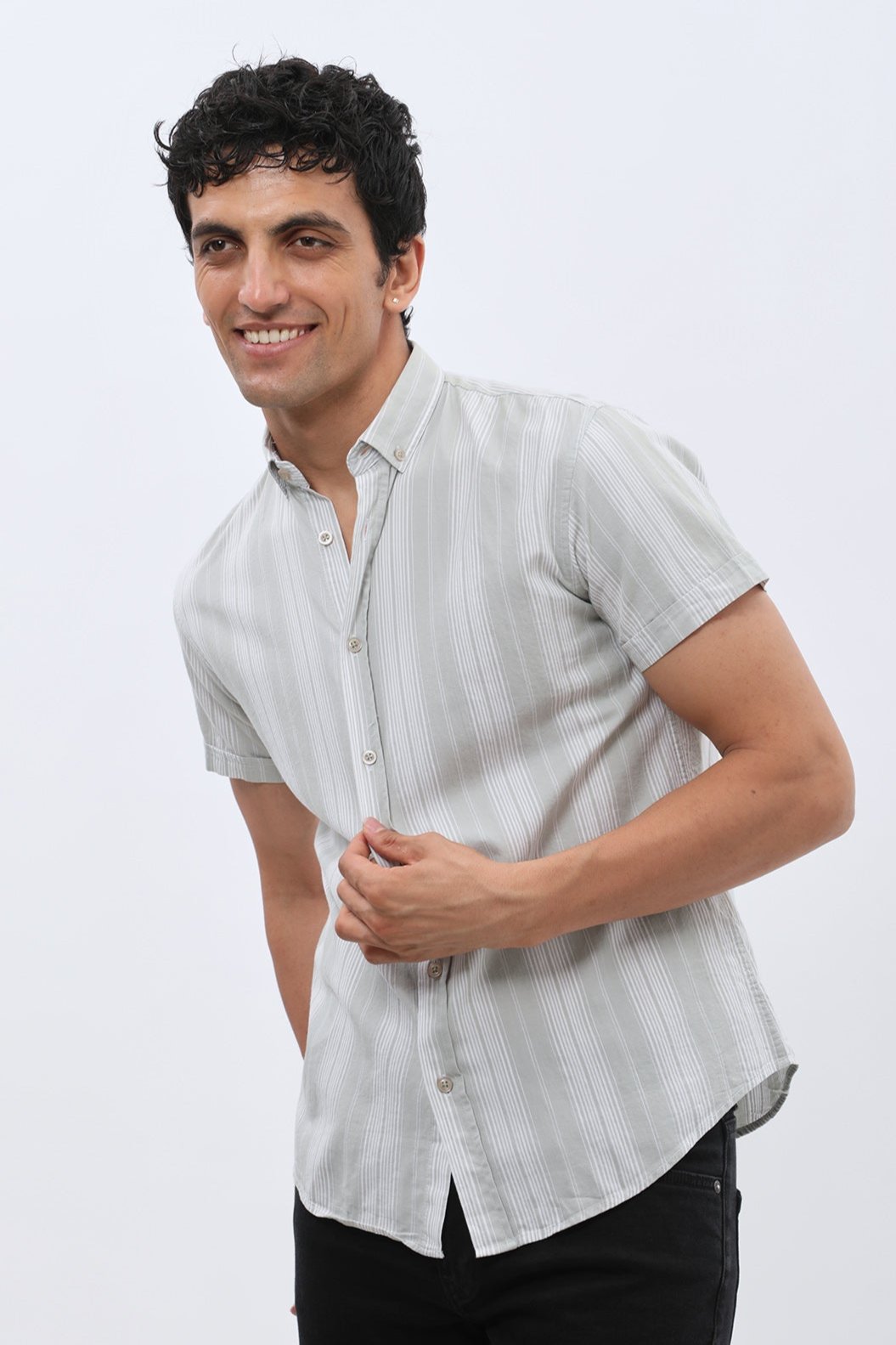 SHIRTSPRO Striped Regular Fit Short Sleeve Shirt - Button-Down Collar - Mint