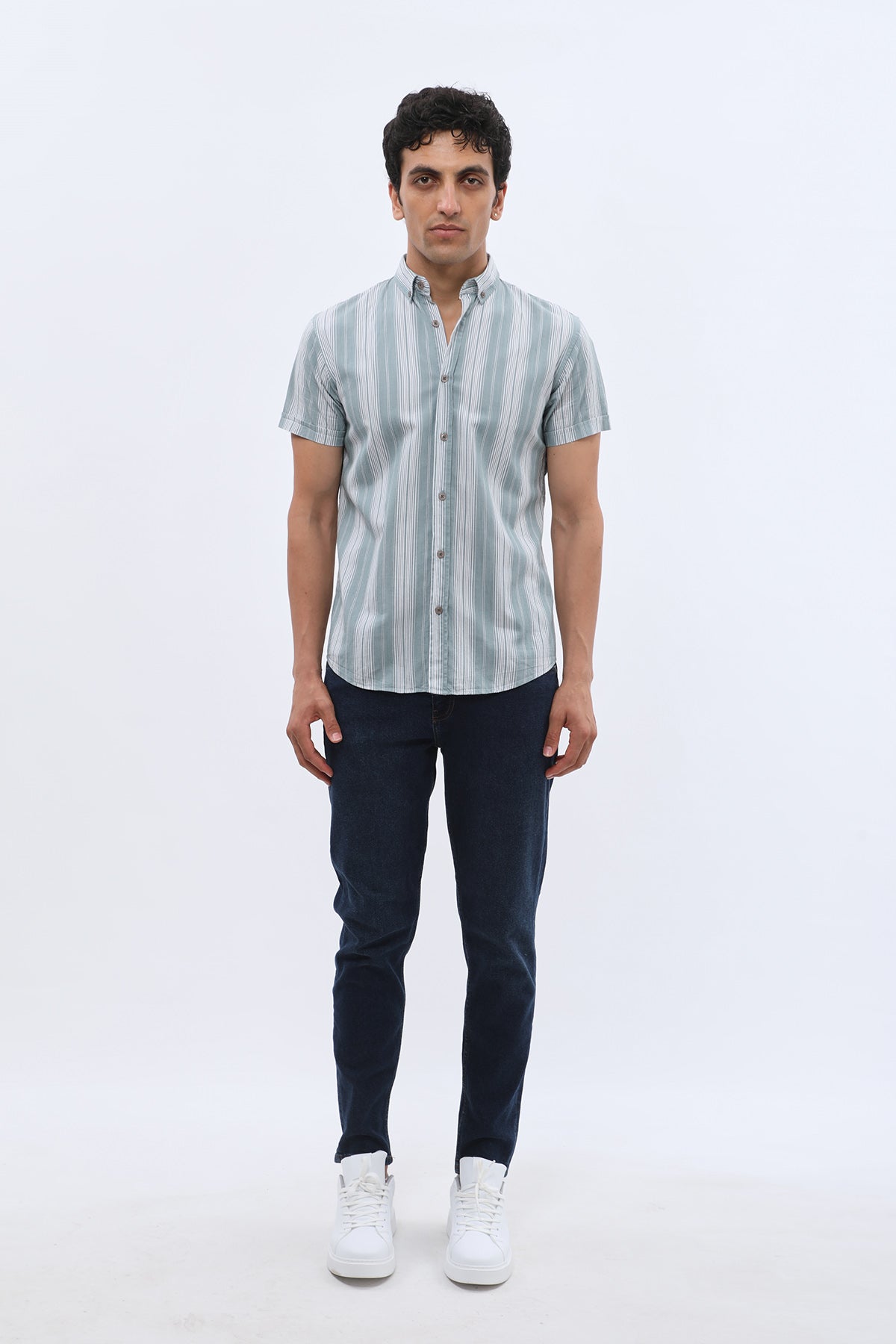 SHIRTSPRO Striped Regular Fit Short Sleeve Shirt - Button-Down Collar - Petrol