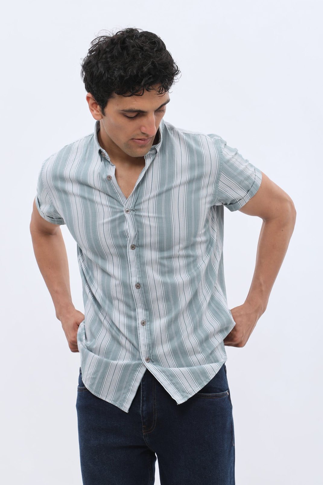 SHIRTSPRO Striped Regular Fit Short Sleeve Shirt - Button-Down Collar - Petrol