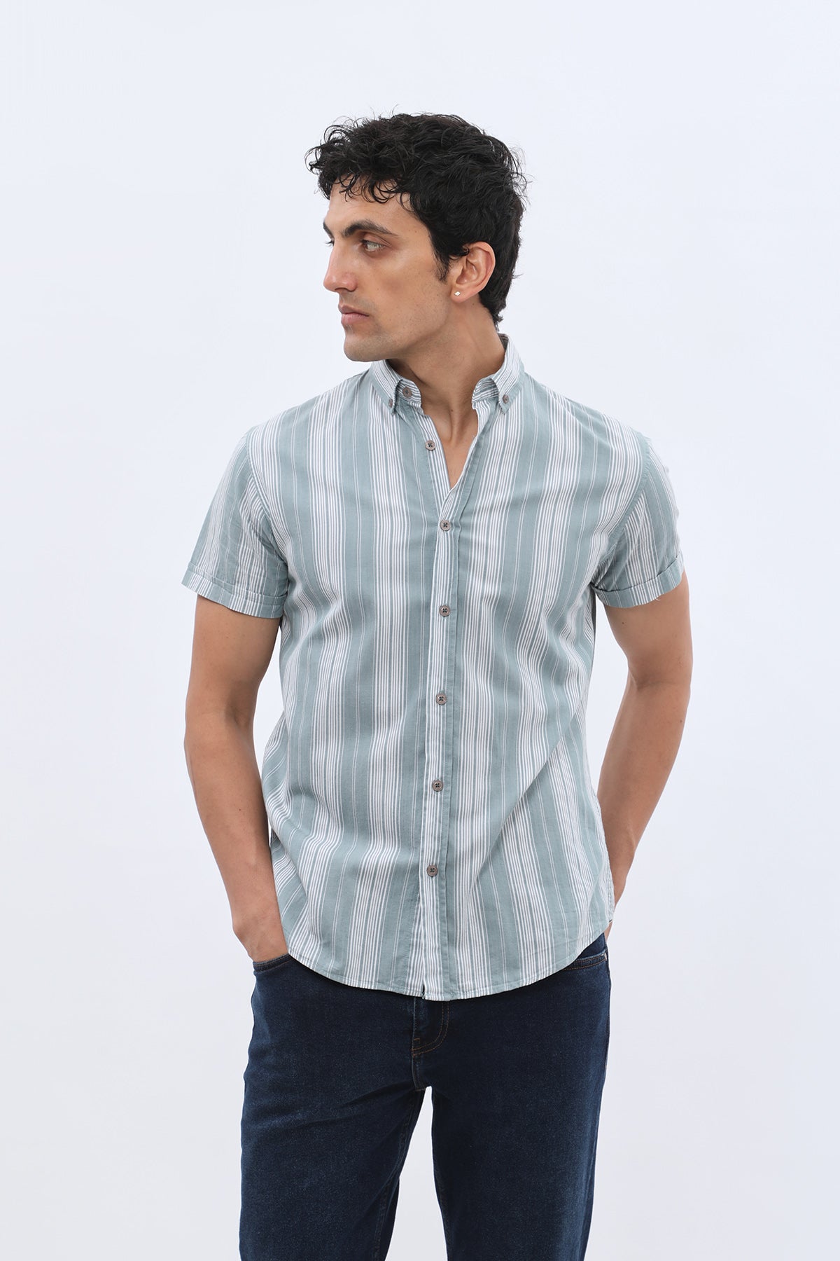 SHIRTSPRO Striped Regular Fit Short Sleeve Shirt - Button-Down Collar - Petrol