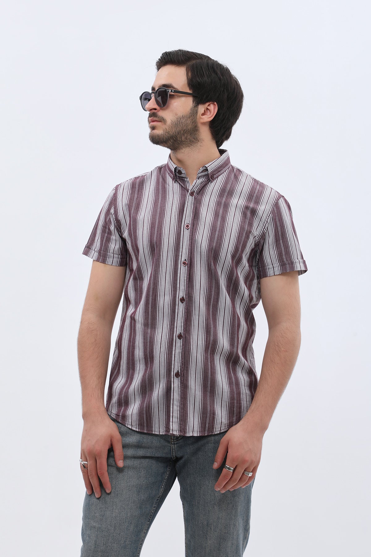 SHIRTSPRO Striped Regular Fit Short Sleeve Shirt - Button-Down Collar - Purple