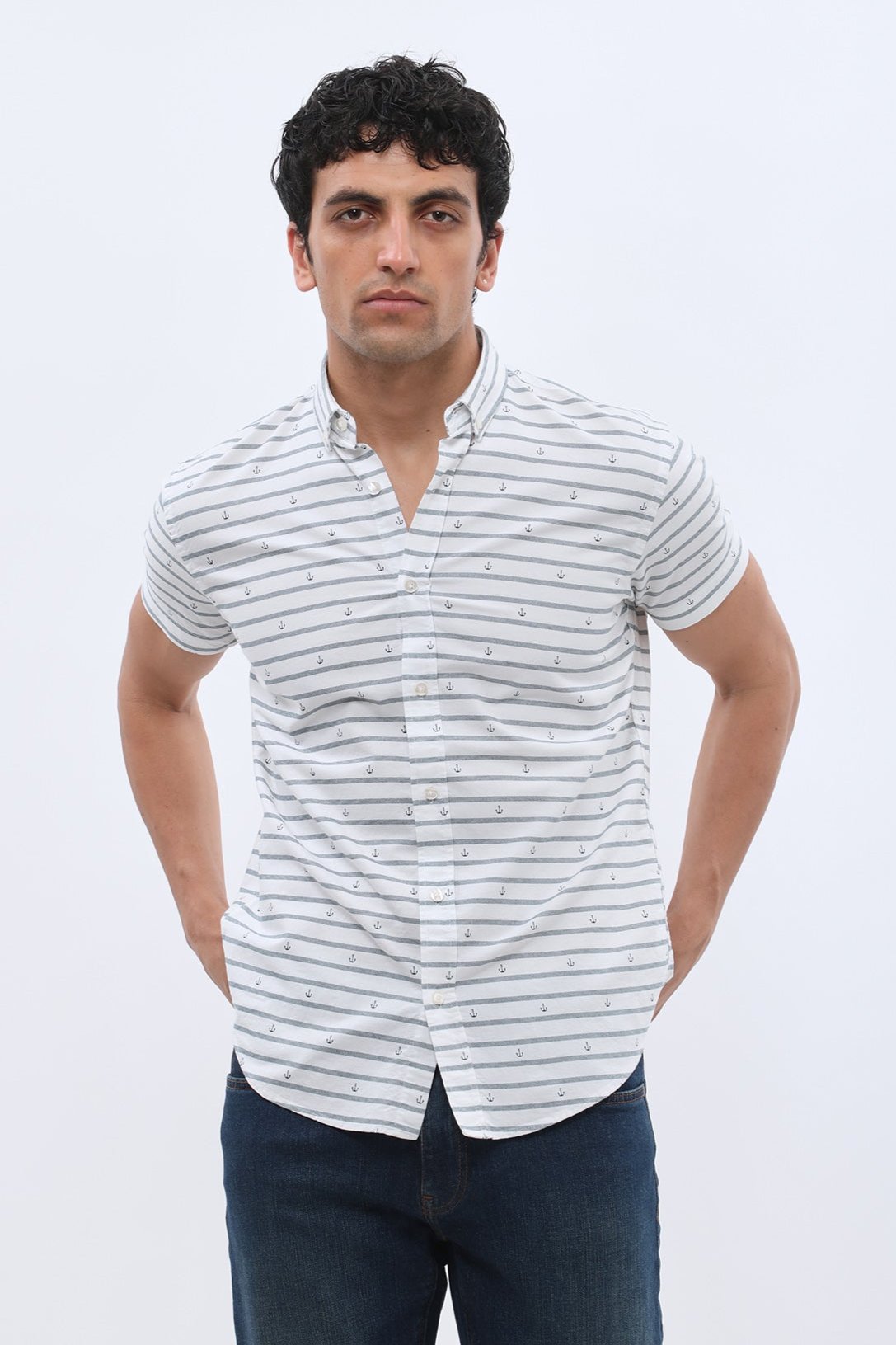 SHIRTSPRO Striped Regular Fit Short Sleeve Shirt - Button-Down Collar - Blue Wing