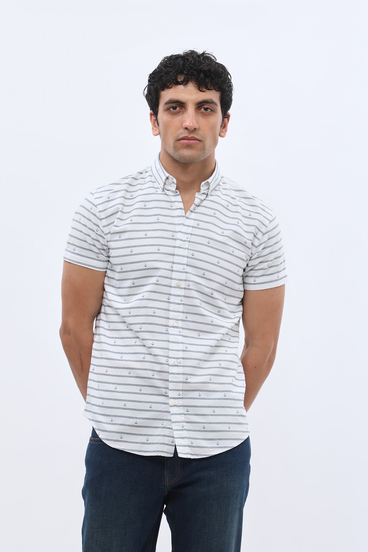 SHIRTSPRO Striped Regular Fit Short Sleeve Shirt - Button-Down Collar - Blue Wing