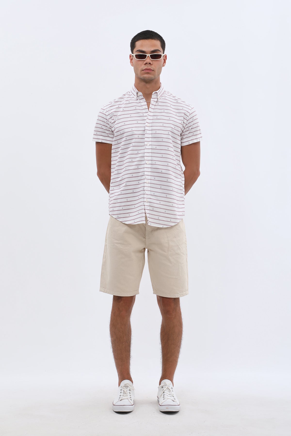 SHIRTSPRO Striped Regular Fit Short Sleeve Shirt - Button-Down Collar - Claret Red