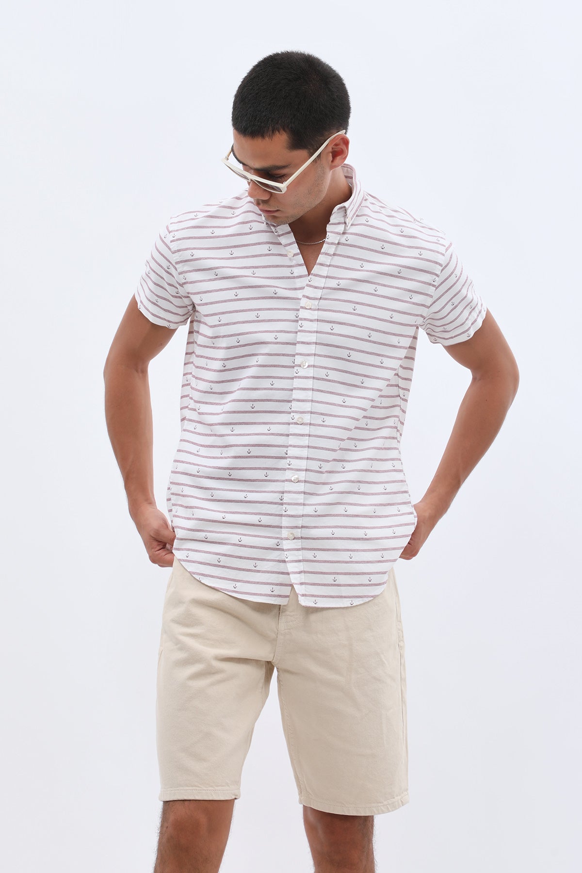 SHIRTSPRO Striped Regular Fit Short Sleeve Shirt - Button-Down Collar - Claret Red
