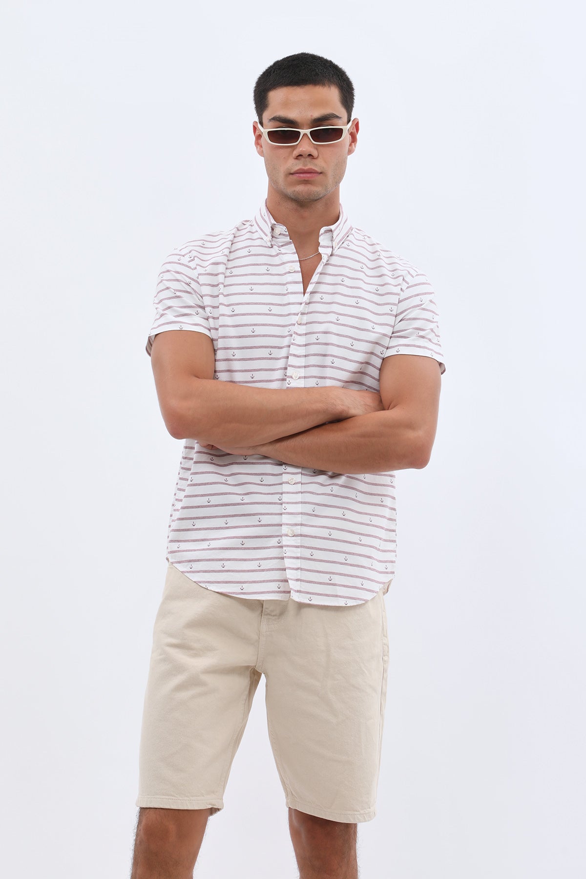 SHIRTSPRO Striped Regular Fit Short Sleeve Shirt - Button-Down Collar - Claret Red