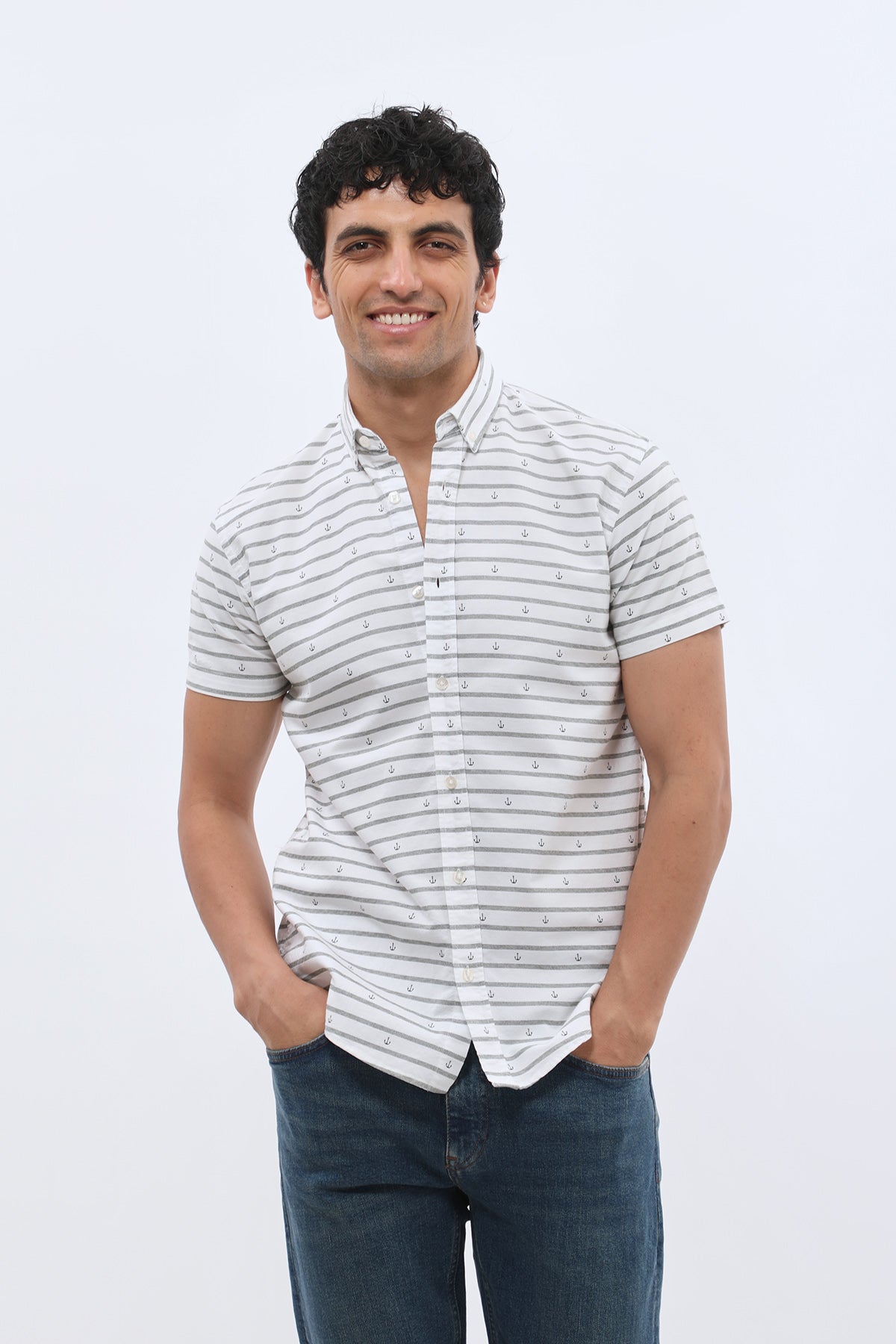 SHIRTSPRO Striped Regular Fit Short Sleeve Shirt - Button-Down Collar - Green