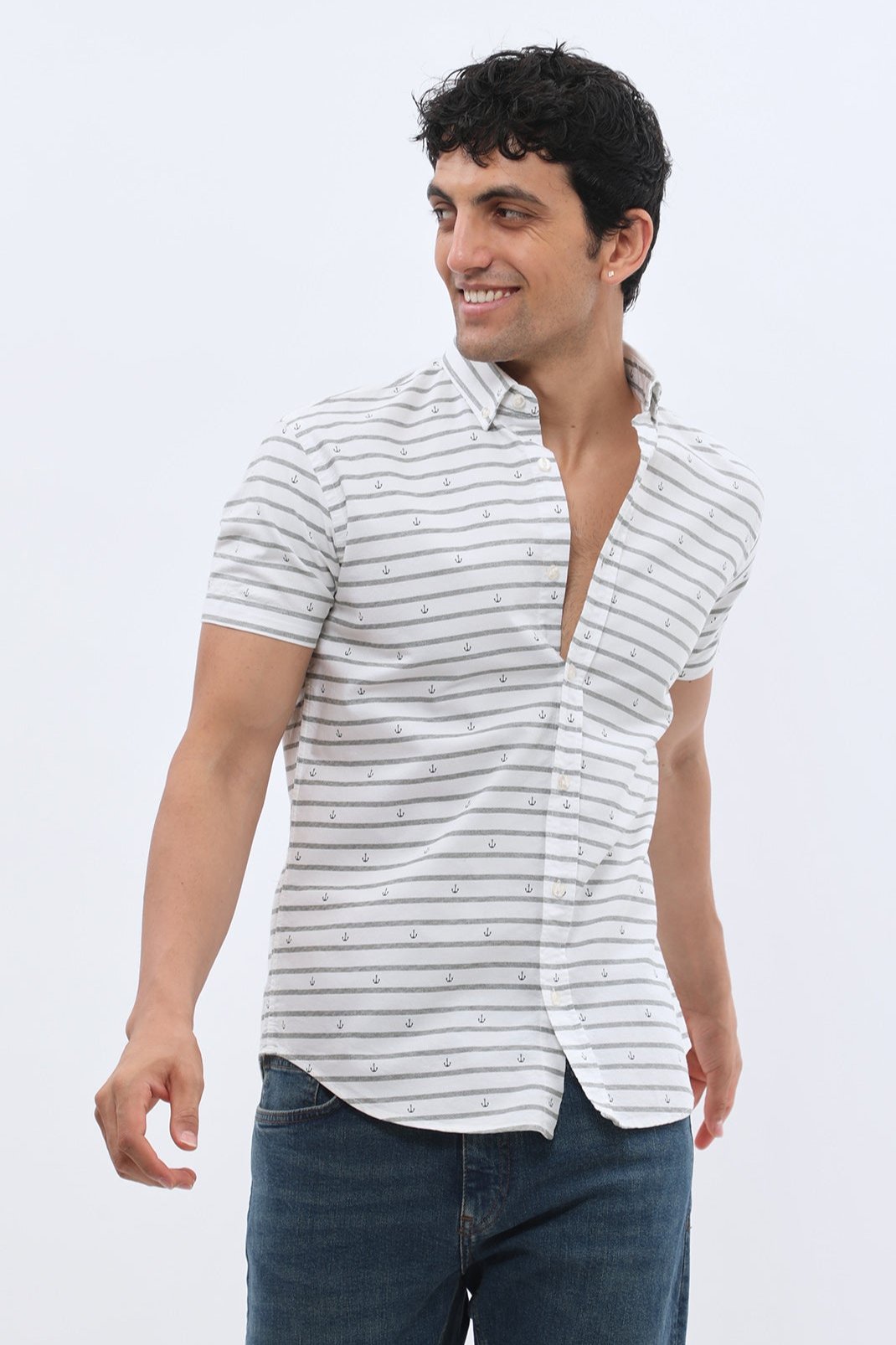 SHIRTSPRO Striped Regular Fit Short Sleeve Shirt - Button-Down Collar - Green