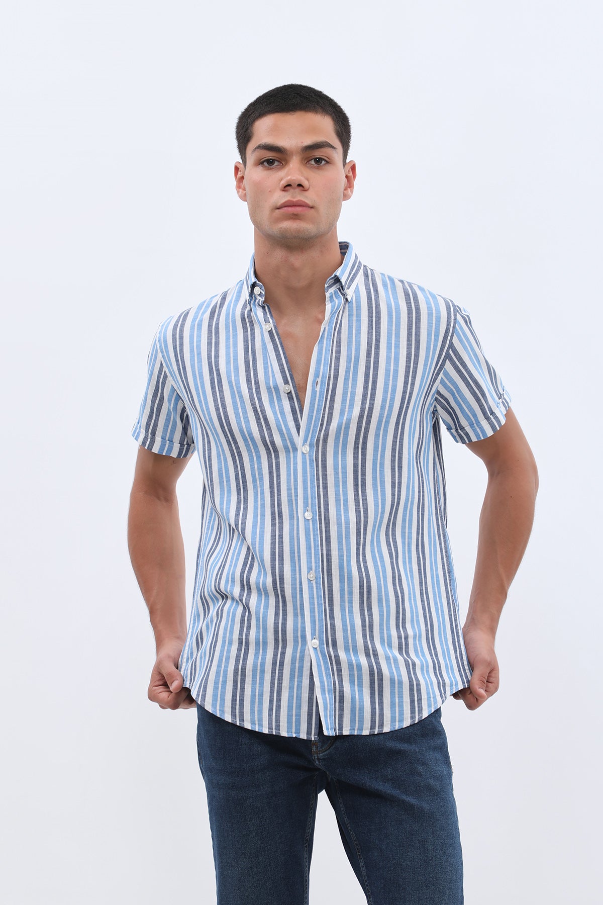 SHIRTSPRO Striped Regular Fit Short Sleeve Shirt - Button-Down Collar - Blue