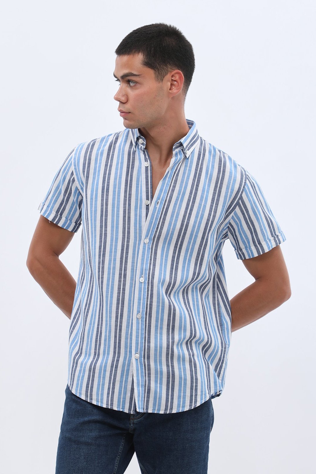 SHIRTSPRO Striped Regular Fit Short Sleeve Shirt - Button-Down Collar - Blue