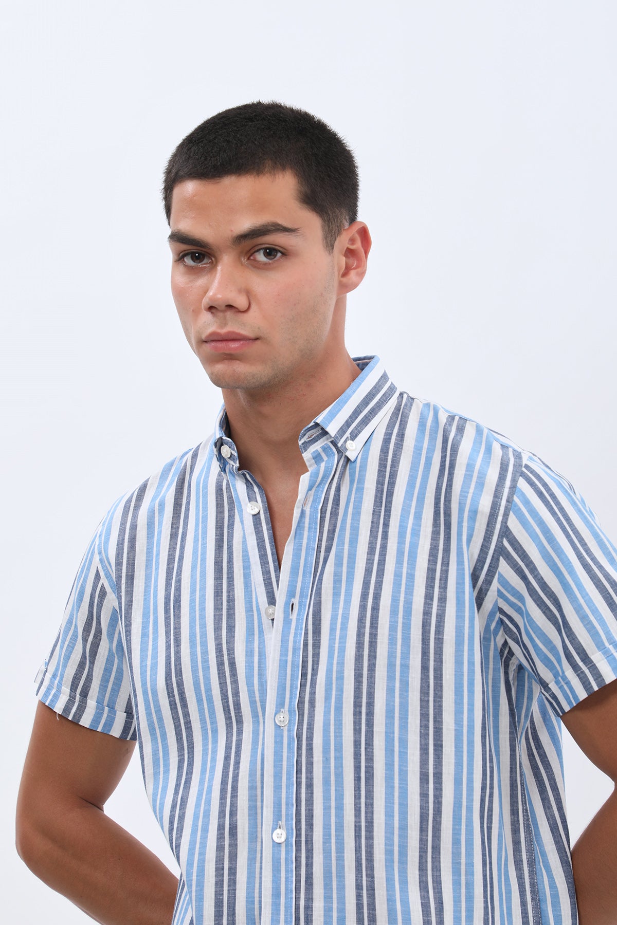 SHIRTSPRO Striped Regular Fit Short Sleeve Shirt - Button-Down Collar - Blue