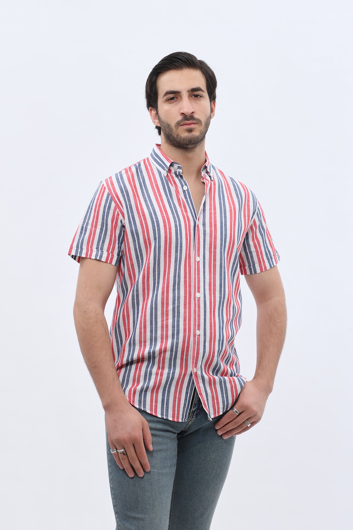 SHIRTSPRO Striped Regular Fit Short Sleeve Shirt - Button-Down Collar - Red