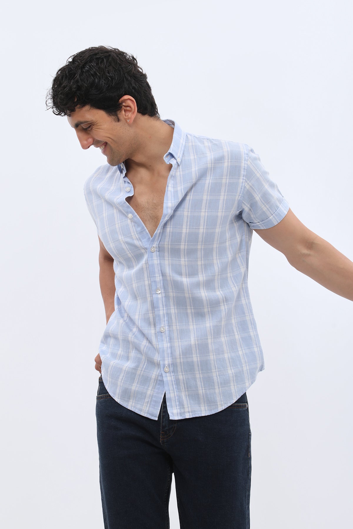 قميص كاروهات بأكمام قصيرة وقبة بأزرار من SHIRTSPRO - لون أزرق